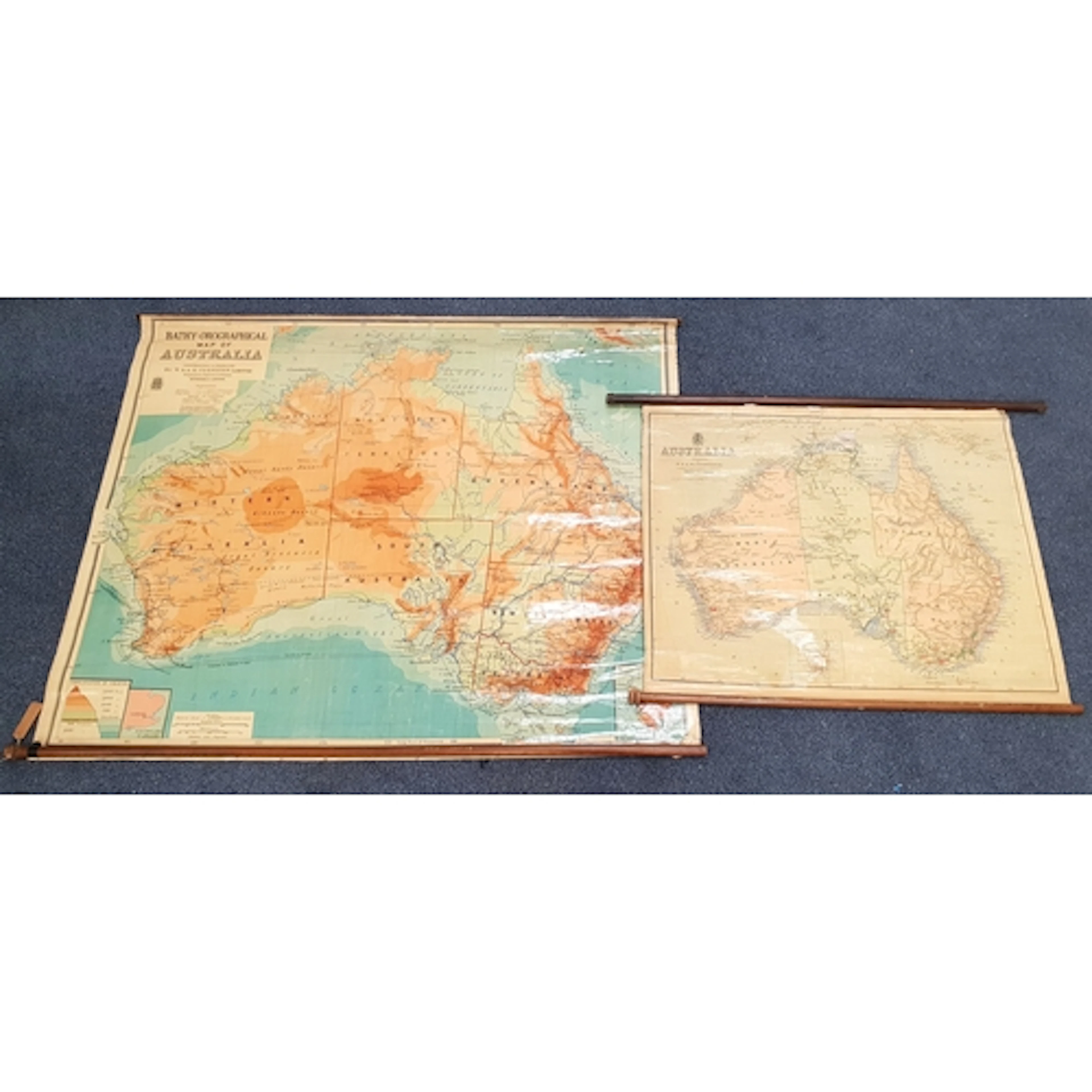PAIR OF VINTAGE CANVAS-BACKED EDUCATIONAL PULL DOWN MAPS com...