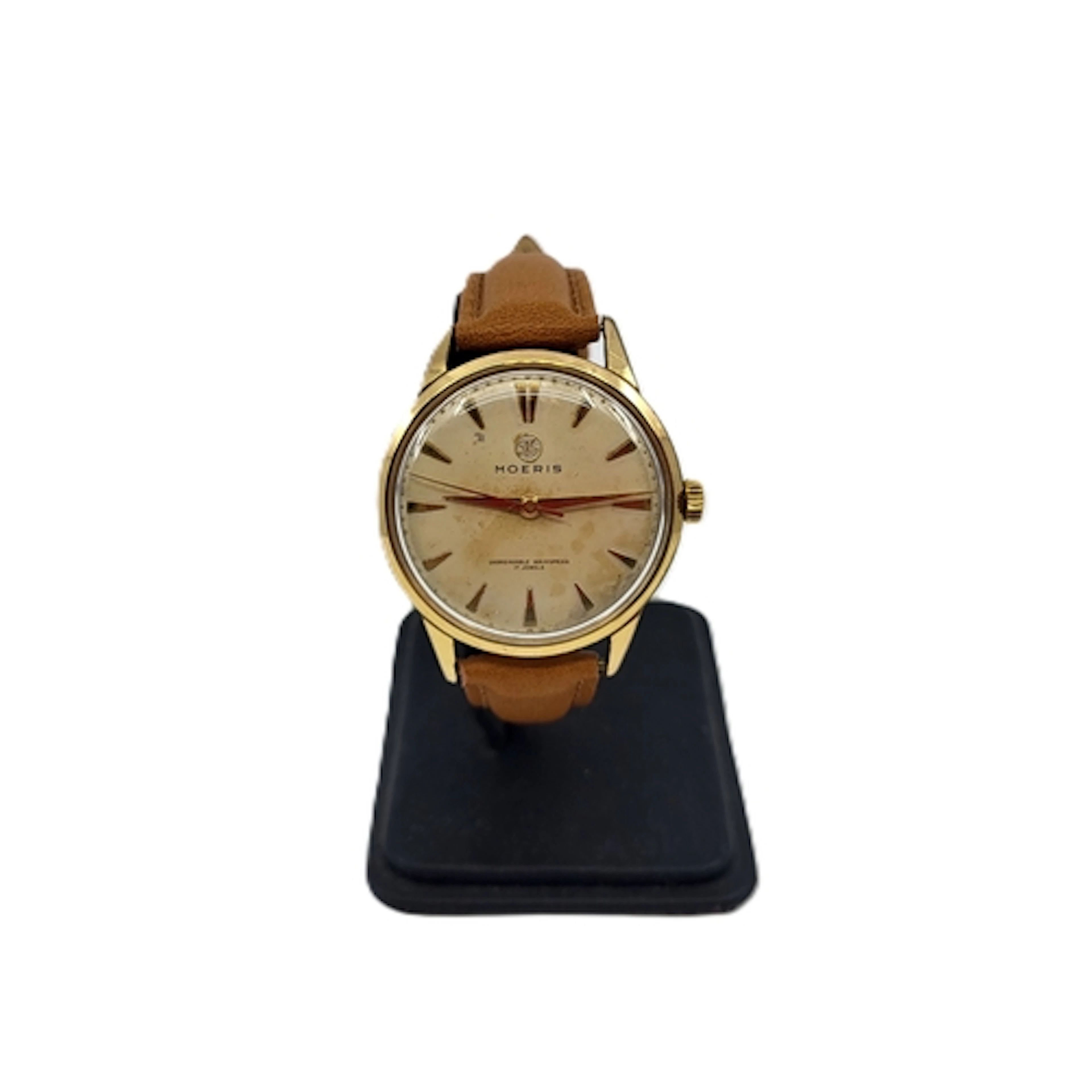 A MODERIS 17 JEWEL GOLD FILLED WATCH, cognac brown leather s...