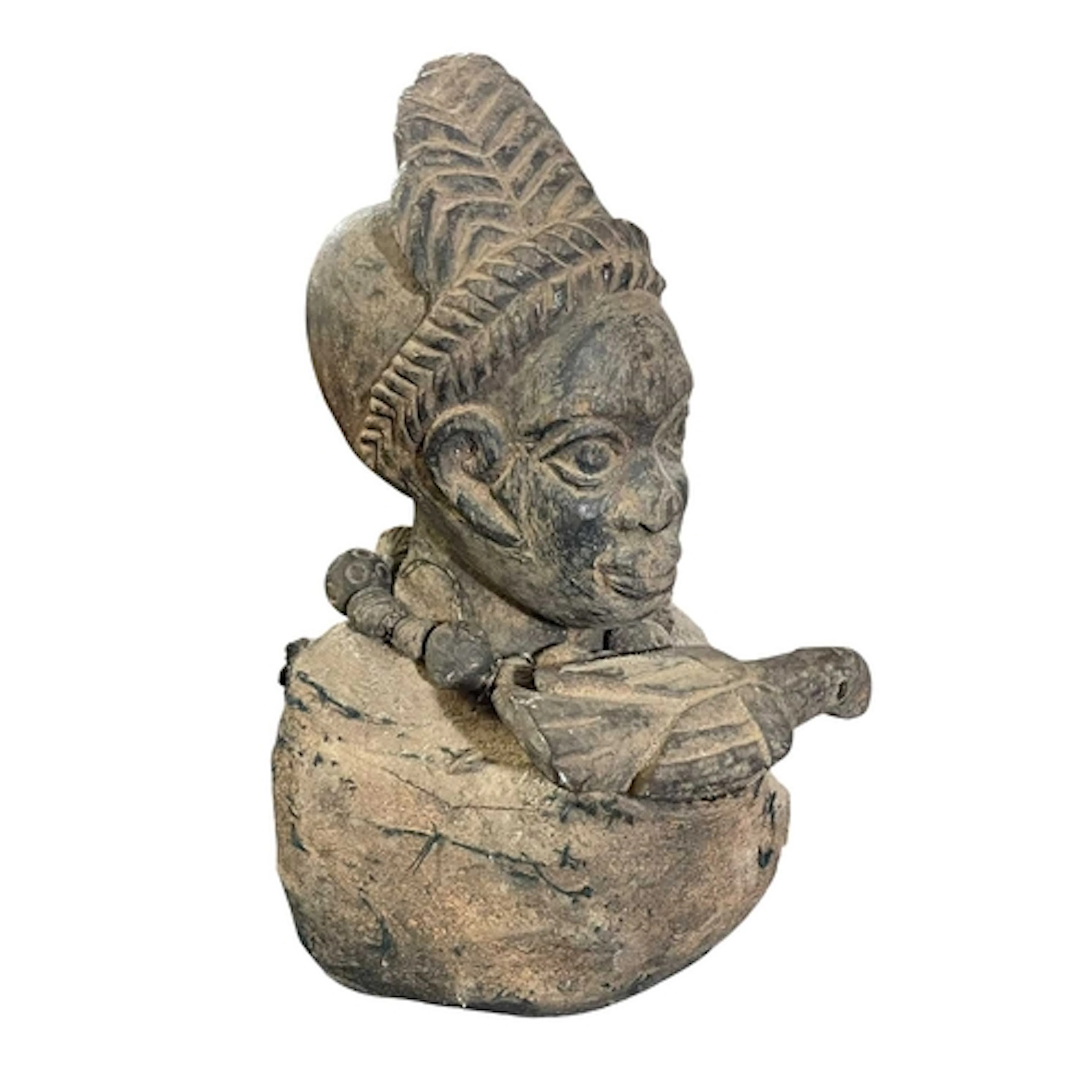 A Ghanian carved wooden bust of female figure with beaded ne...