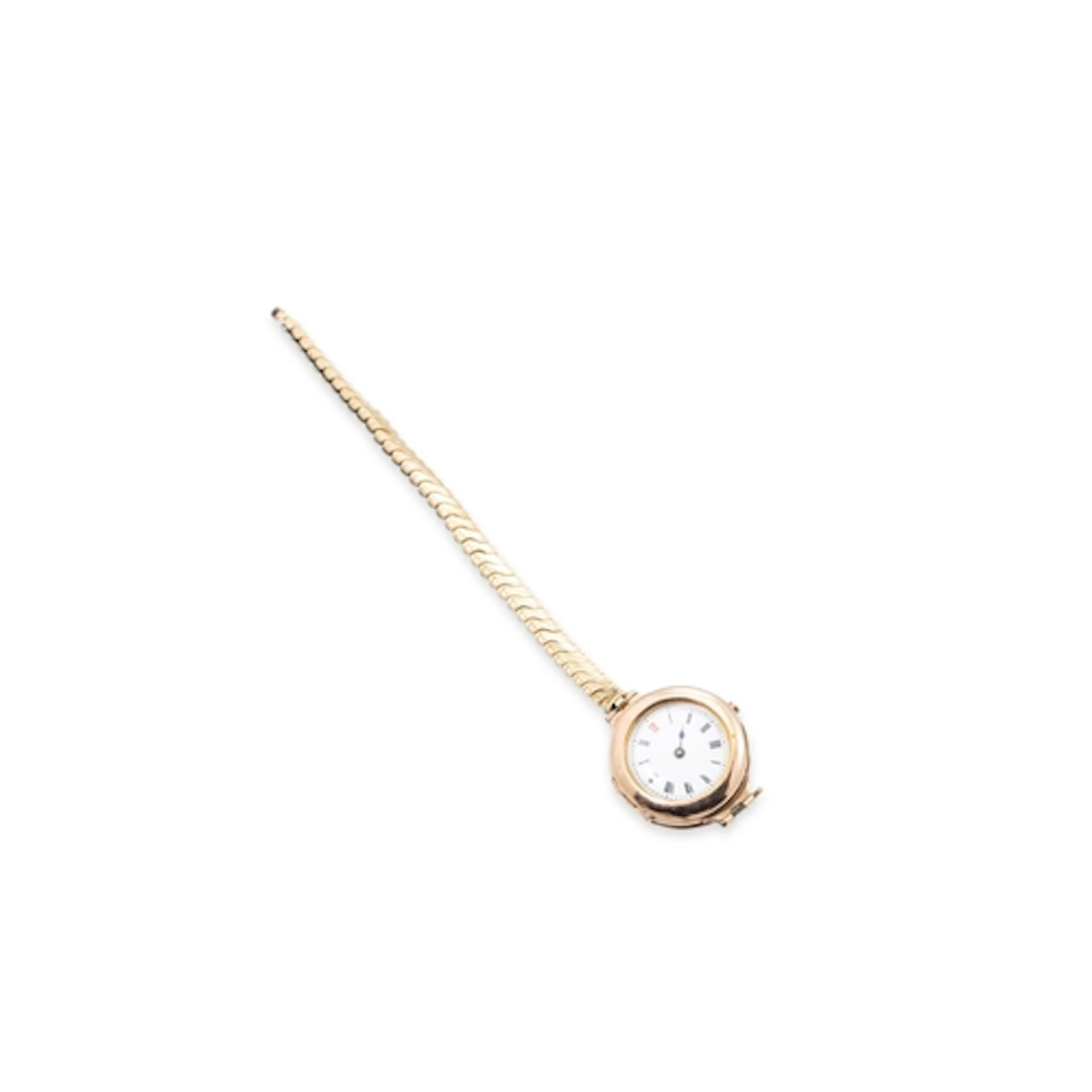 AN ANTIQUE GOLD CASED WATCH, on plated strap, 23 g g/w.