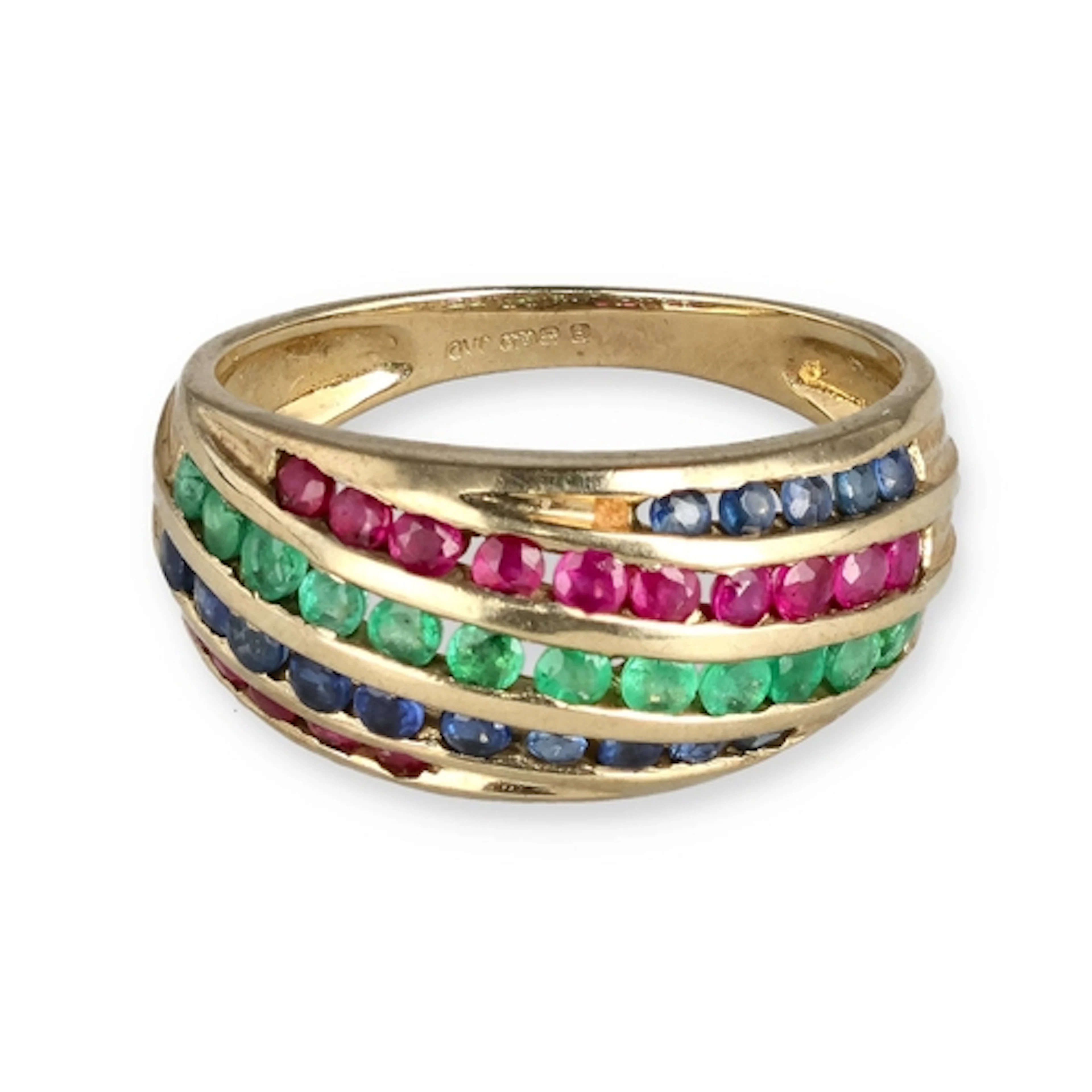 A 9 CARAT GOLD RING SET WITH EMERALDS, RUBYS AND SAPPHIRES W...