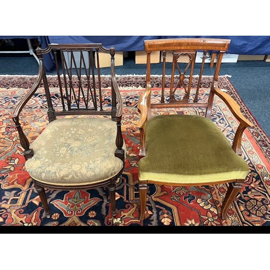 Sheraton style inlaid carver chair in green upholstery and a...