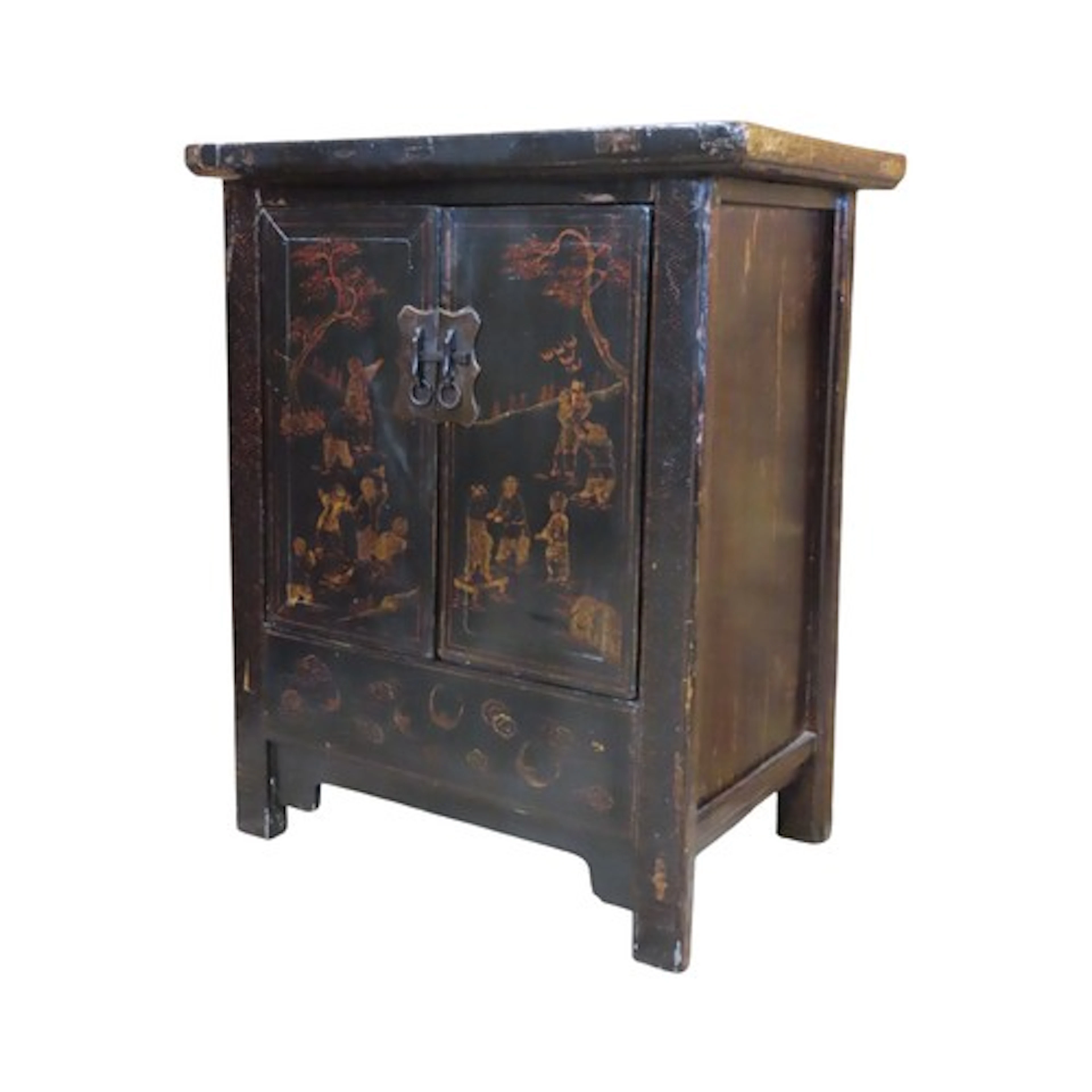 A Chinese black lacquered side cabinet with chinoiserie deco...