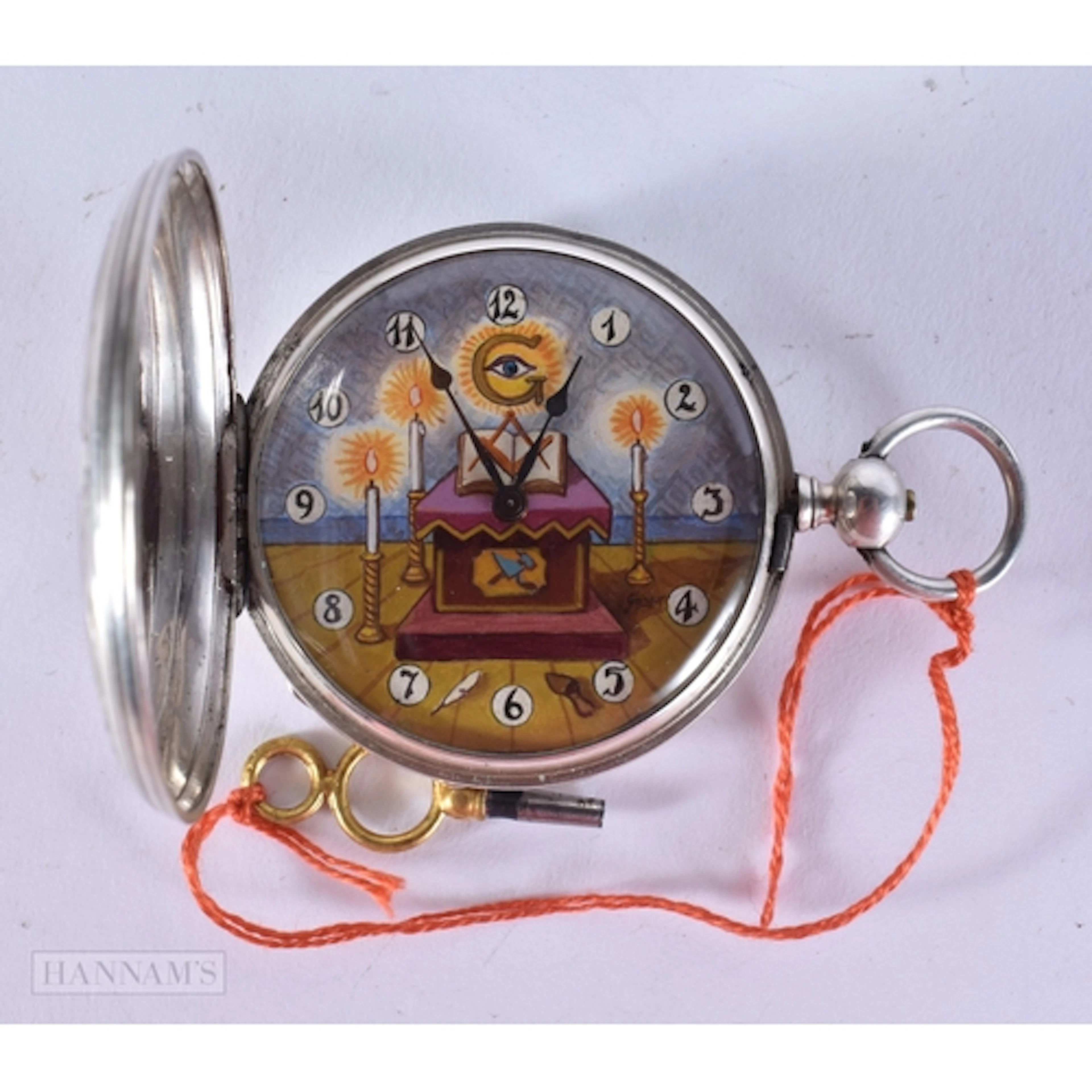 AN UNUSUAL SILVER MASONIC POCKET WATCH. Running. 5.5 cm wide...