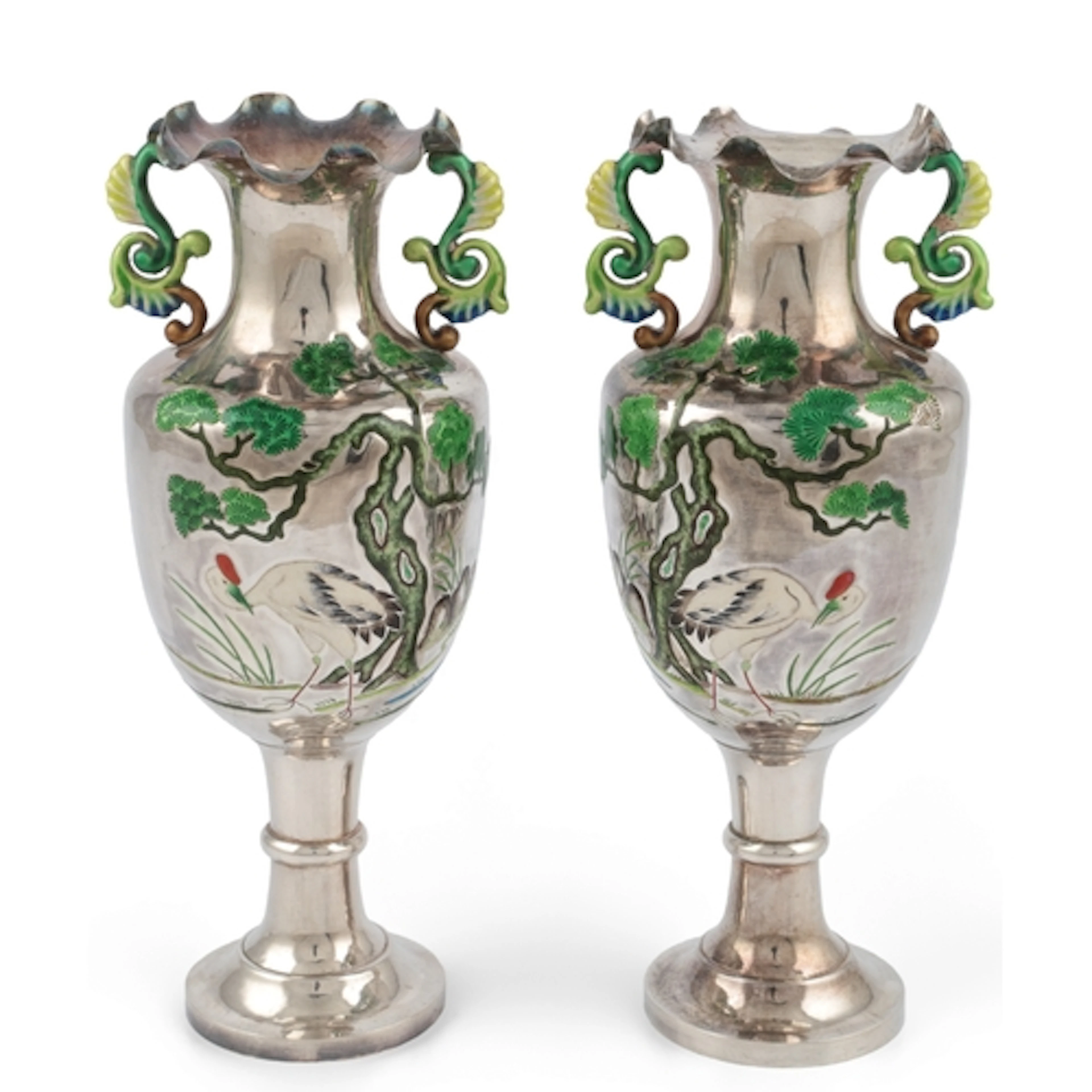 A pair of Chinese silver and enamel vases, Beijing, early 20...