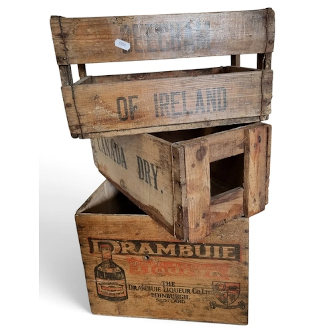 Three original Timber Crates, Drambuie, Canada Dry and Beech...