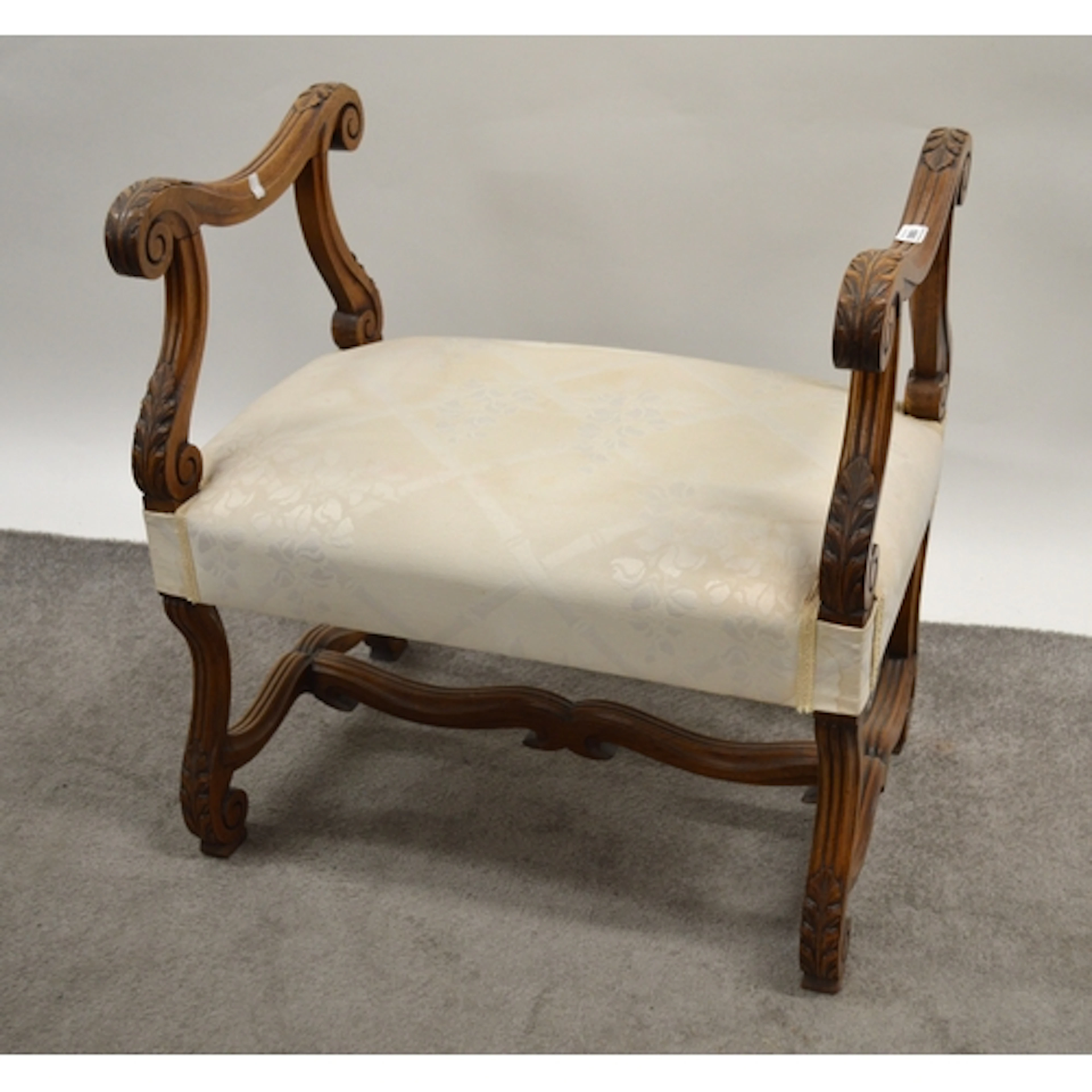 Reproduction carved mahogany stool, the scroll frame with ac...