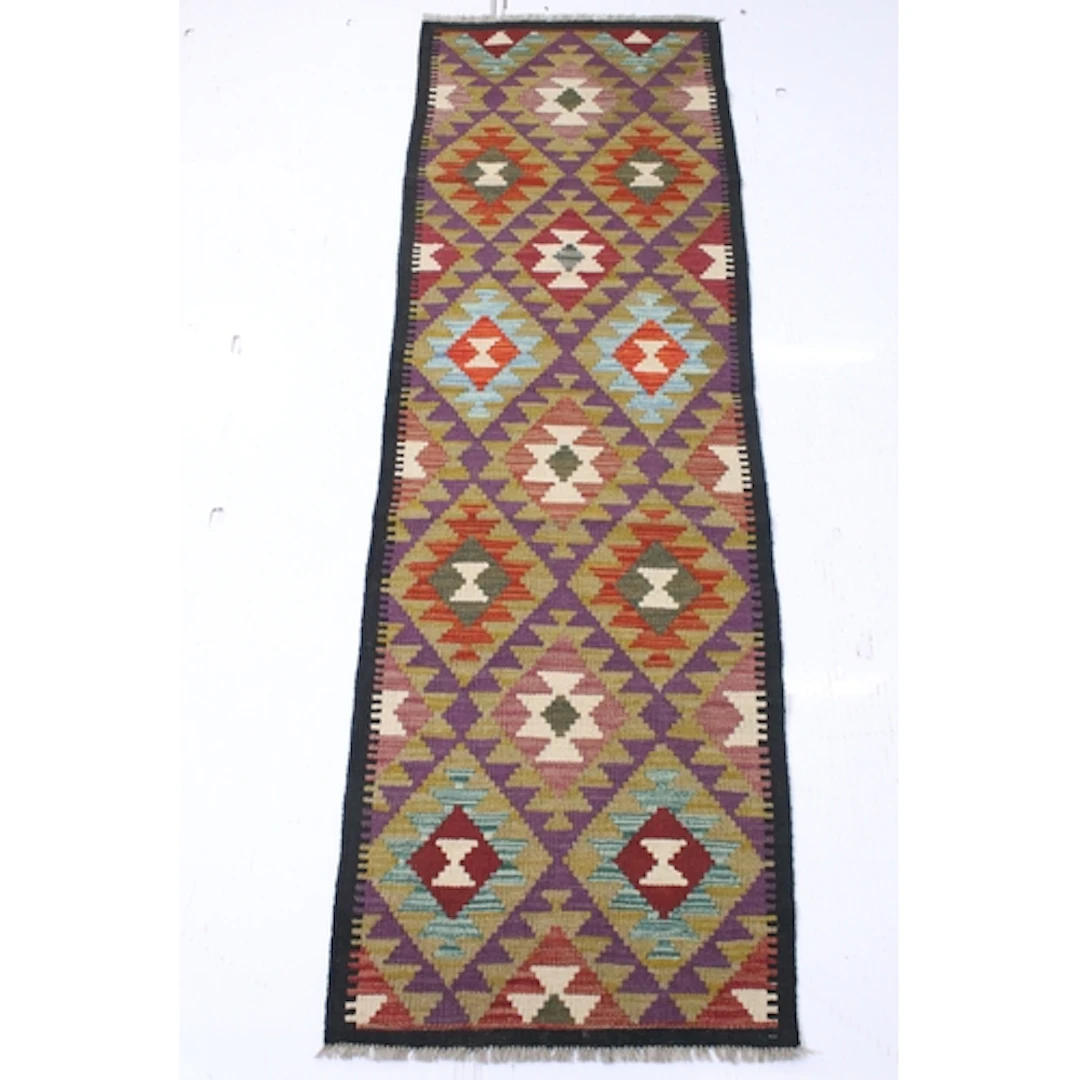 Maimana Kilim rug, having geometric pond with purple, green,...