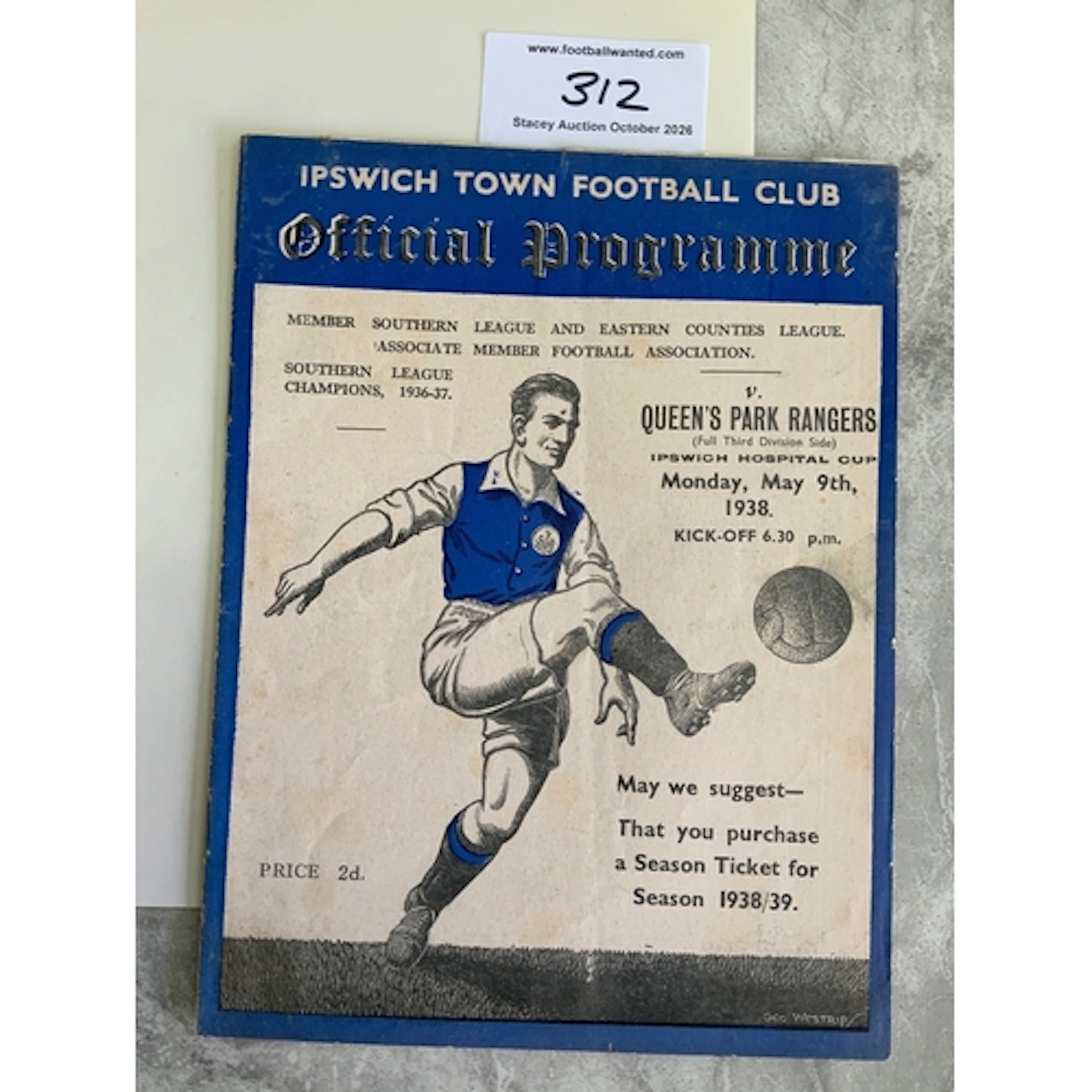 37/38 Ipswich Town v QPR Hospital Cup Football Programme: Ve...