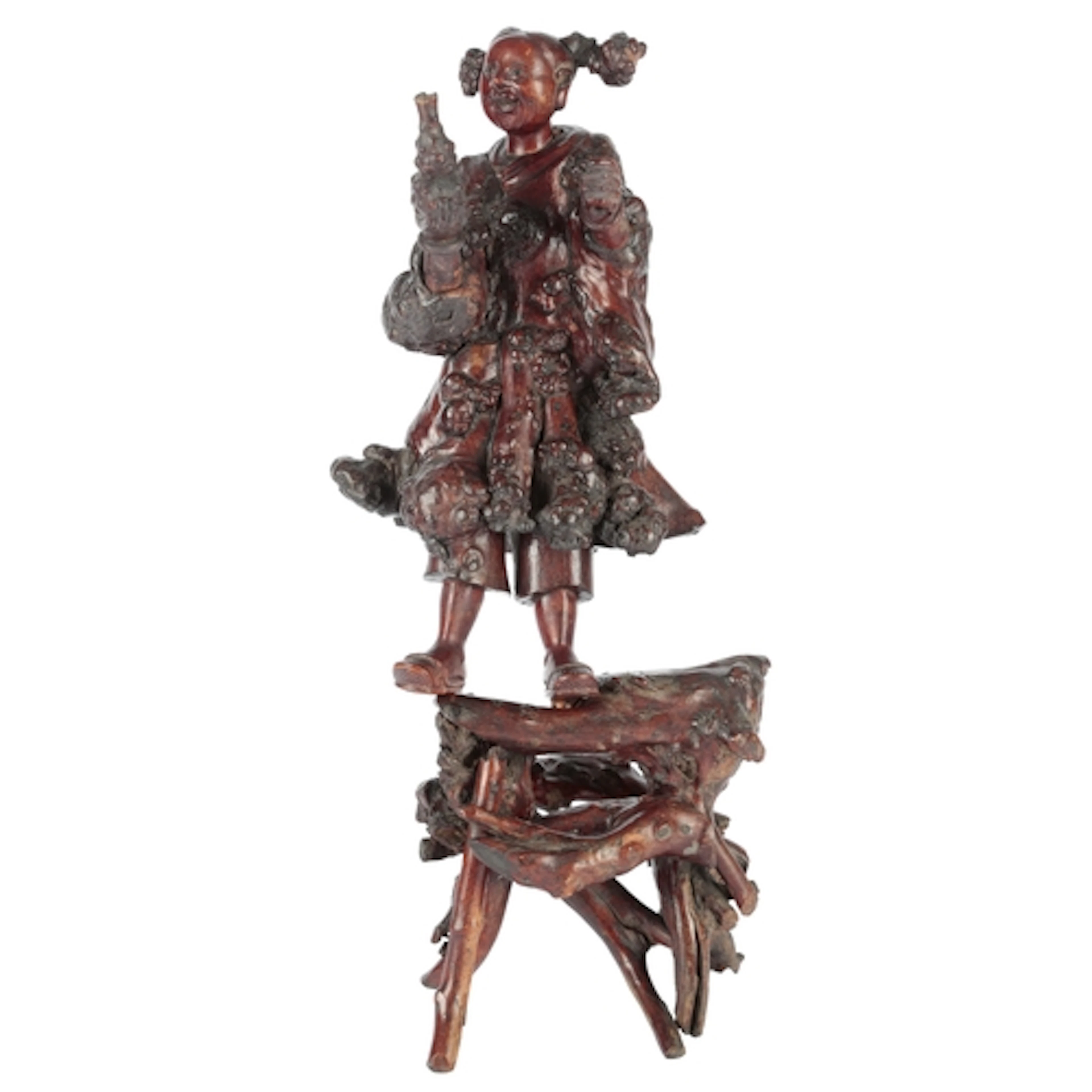 A tall Chinese rootwood figure and stand, 19th century, carv...