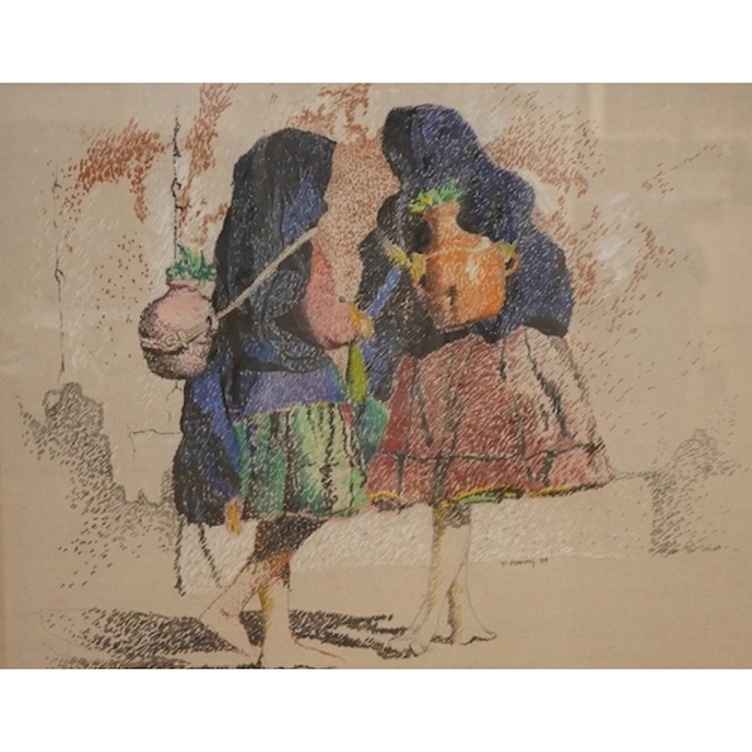 T Fleming, two figures walking, signed and dated '84, pointi...
