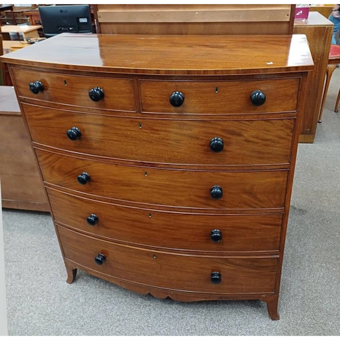 19TH CENTURY INLAID MAHOGANY BOW FRONT CHEST WITH 2 SHORT OV...