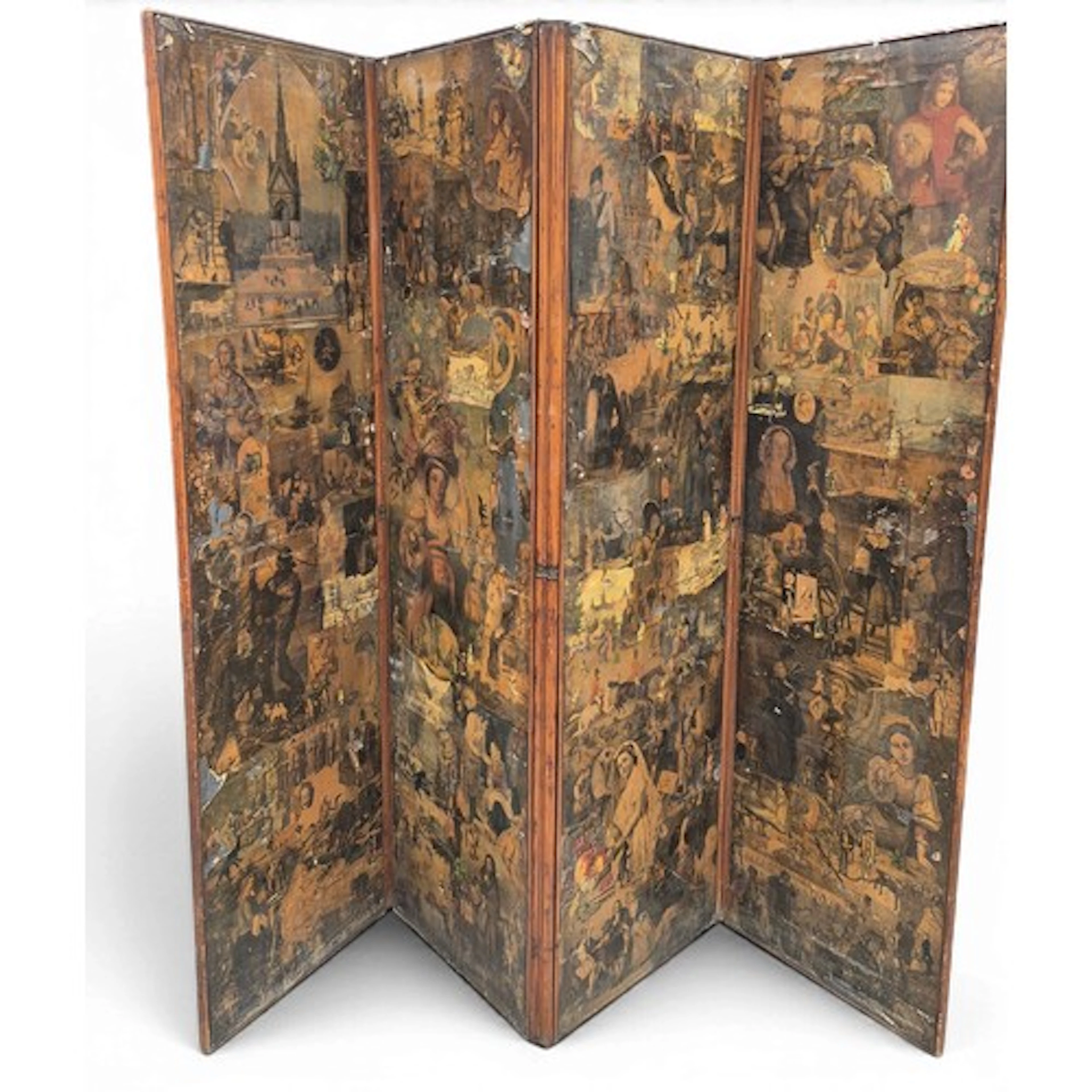 A four fold decoupage screen decorated with figures and monu...