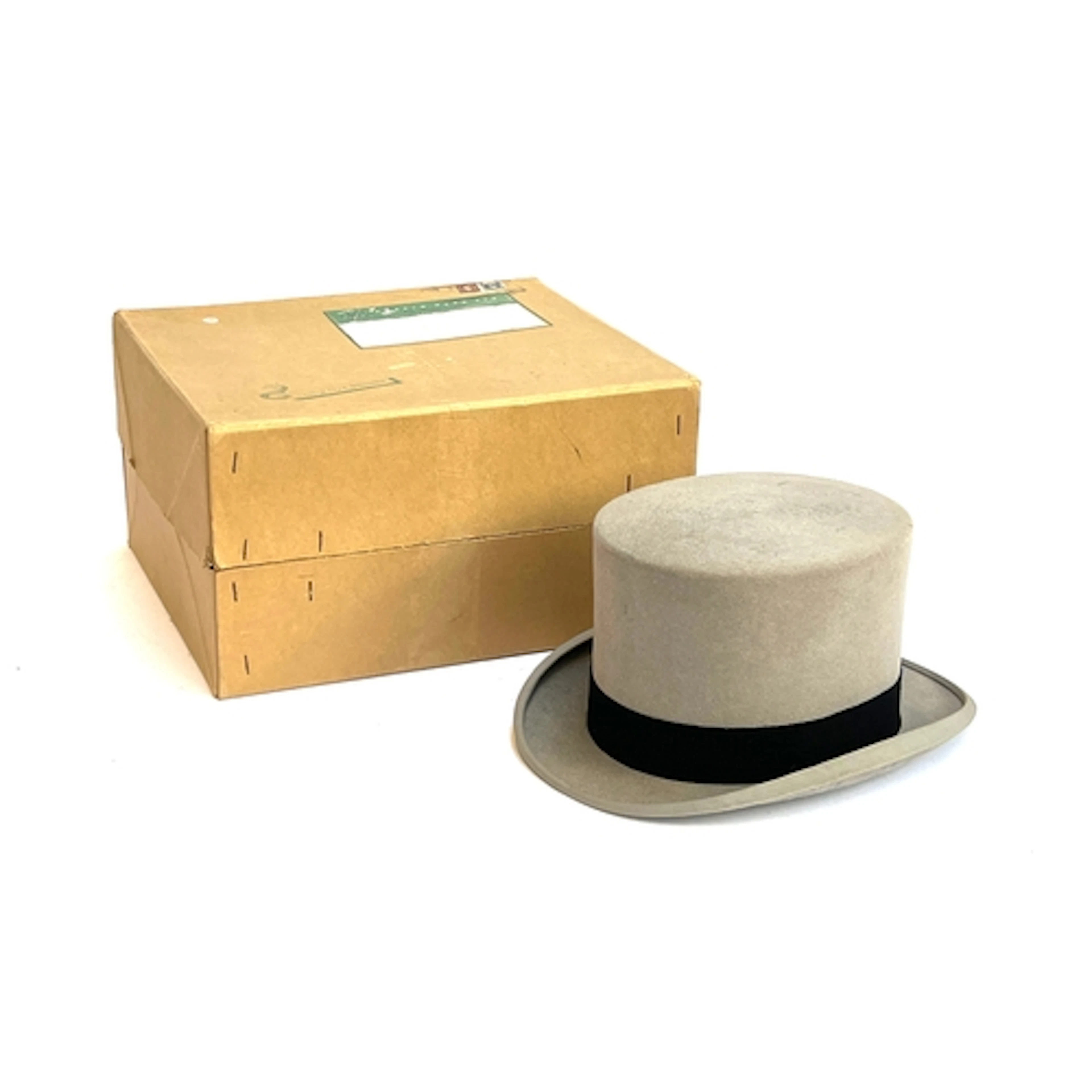 A grey silk top hat by Austin Reed, 8" front to back, 6.5" s...