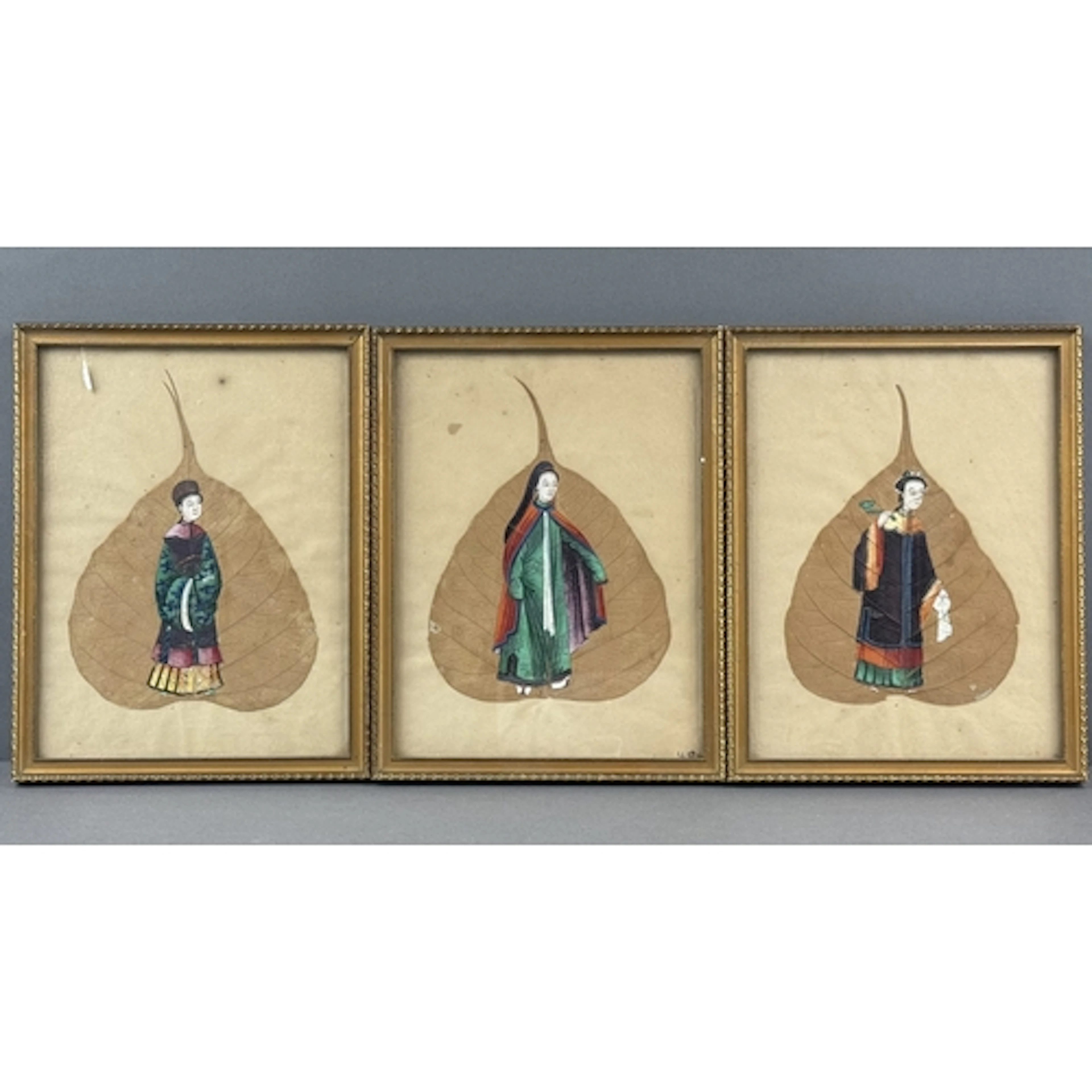 Asian Art: a Chinese gouache painting on a Bodhi leaf of a f...