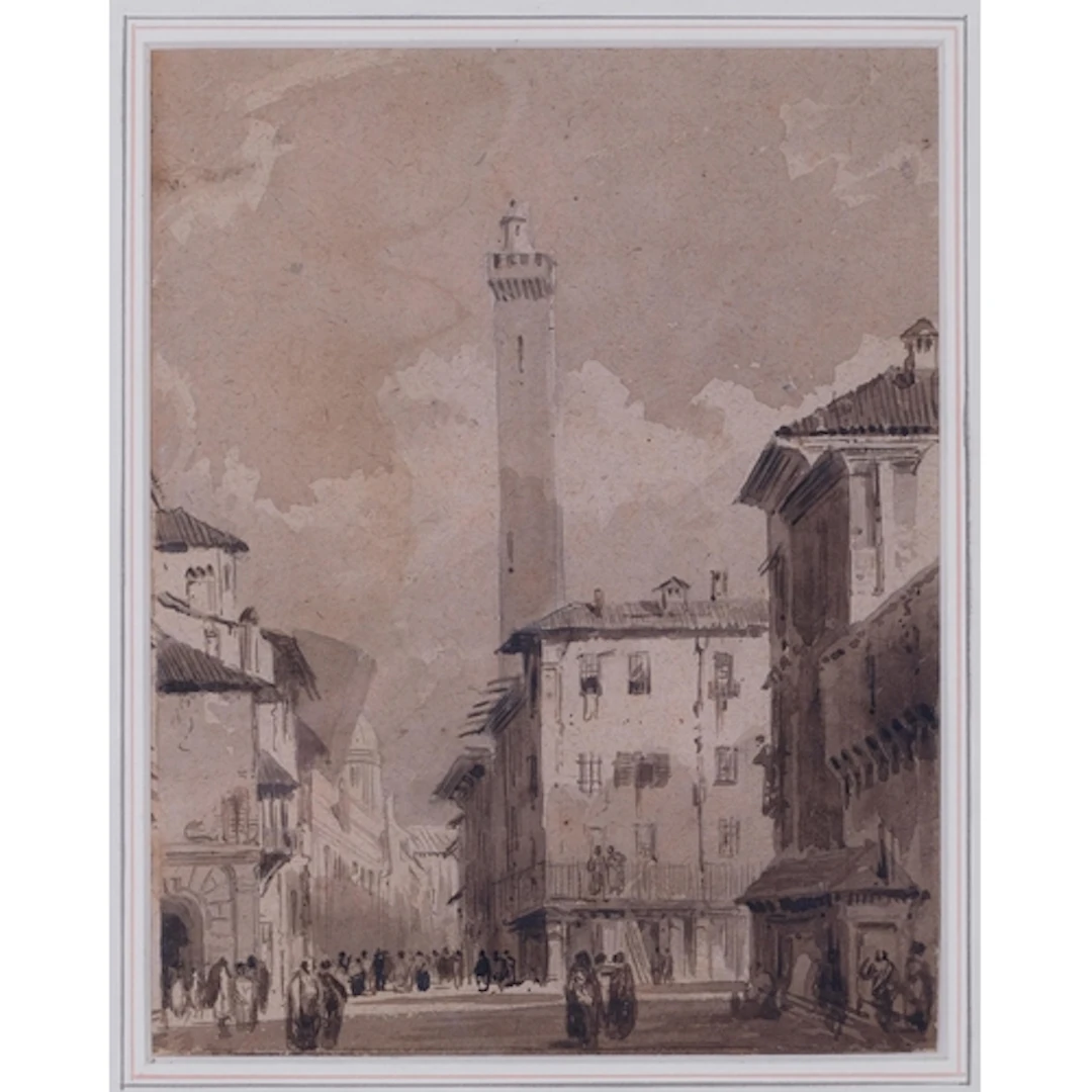 John Callow RA (1822 - 1878), street scene in Bologna, ink a...