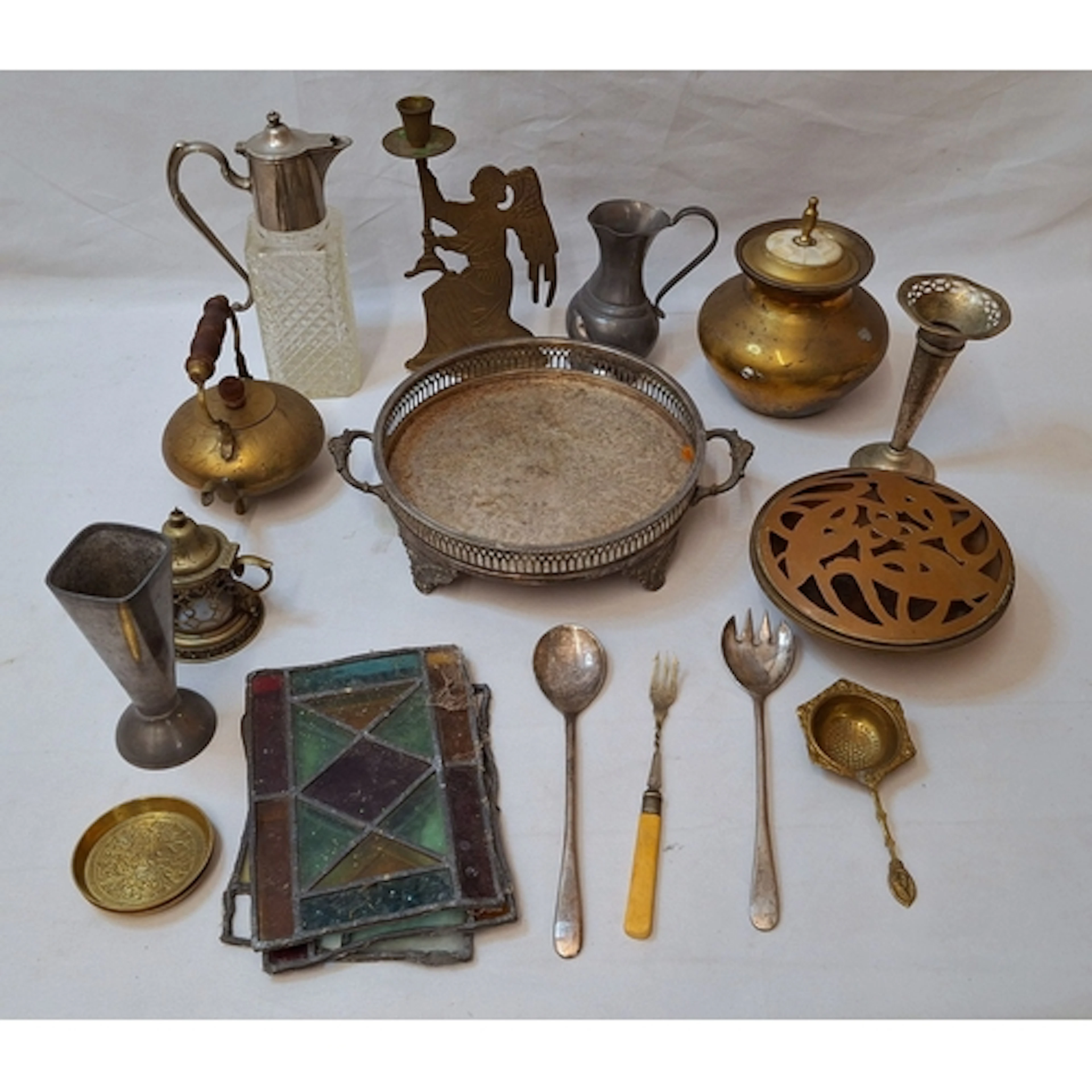 Galleried Silver Plated Tray, brass vase, glass silver plate...