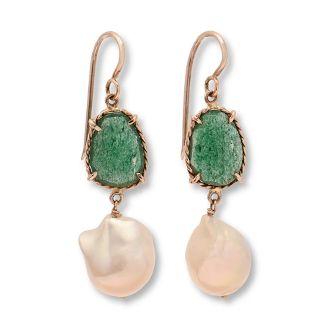 A pair of baroque pearl, prehnite and giltmetal earrings, 4....