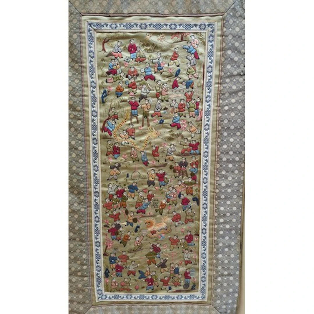 Chinese embroidered silk panel depicting children at play, i...