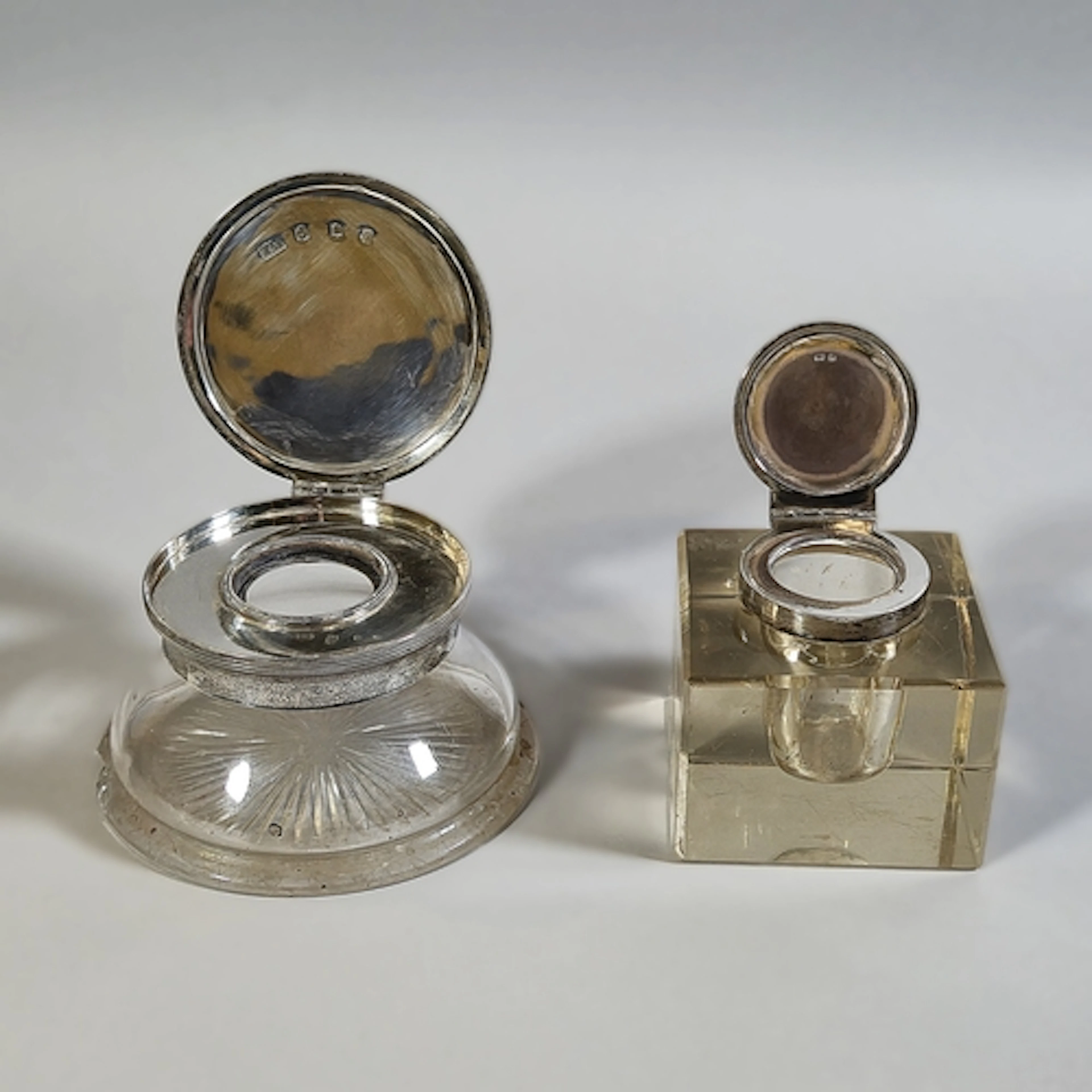 George V Scottish silver lidded glass inkwell with engraved ...