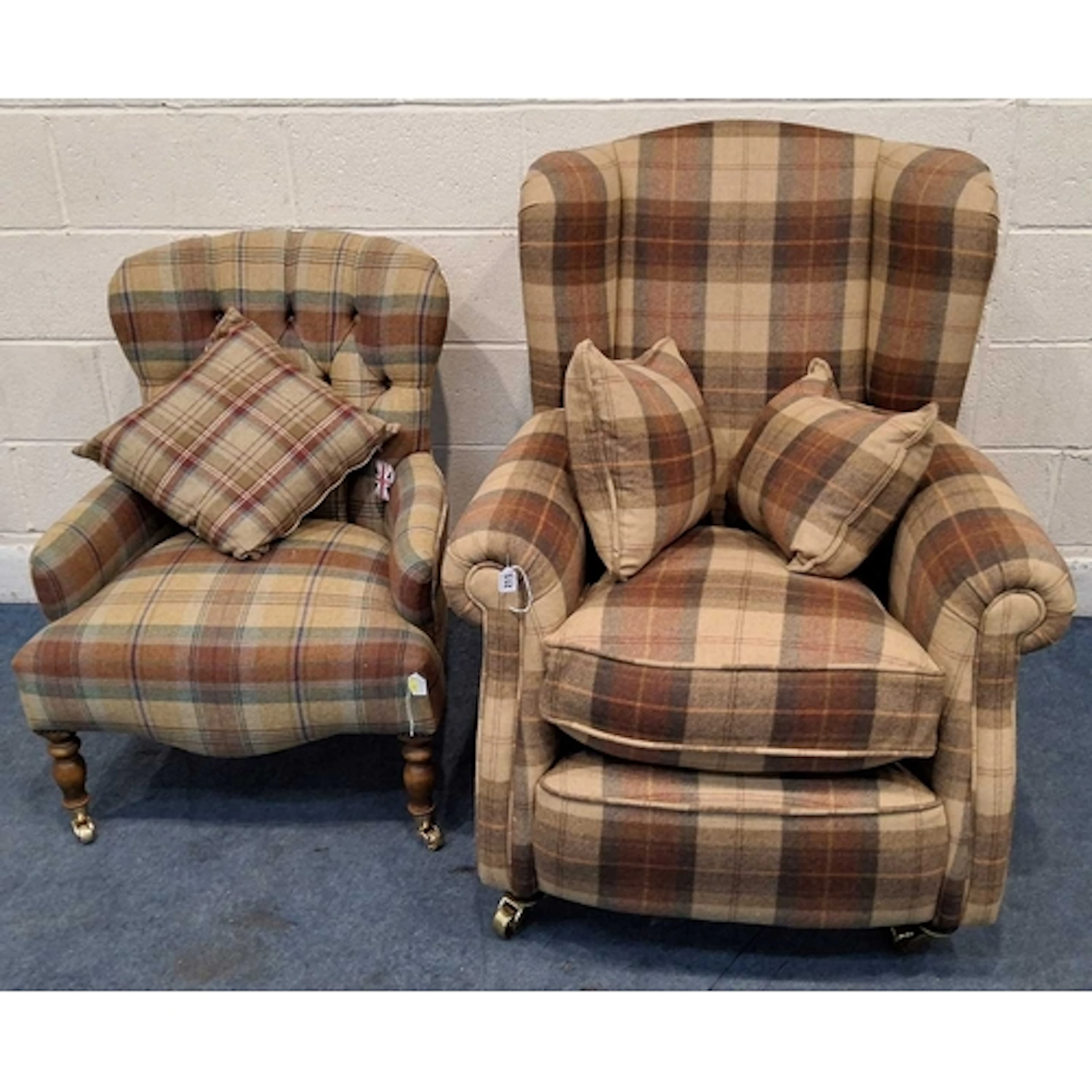 A WING BACK ARMCHAIR, with tartan upholstery, along with ano...