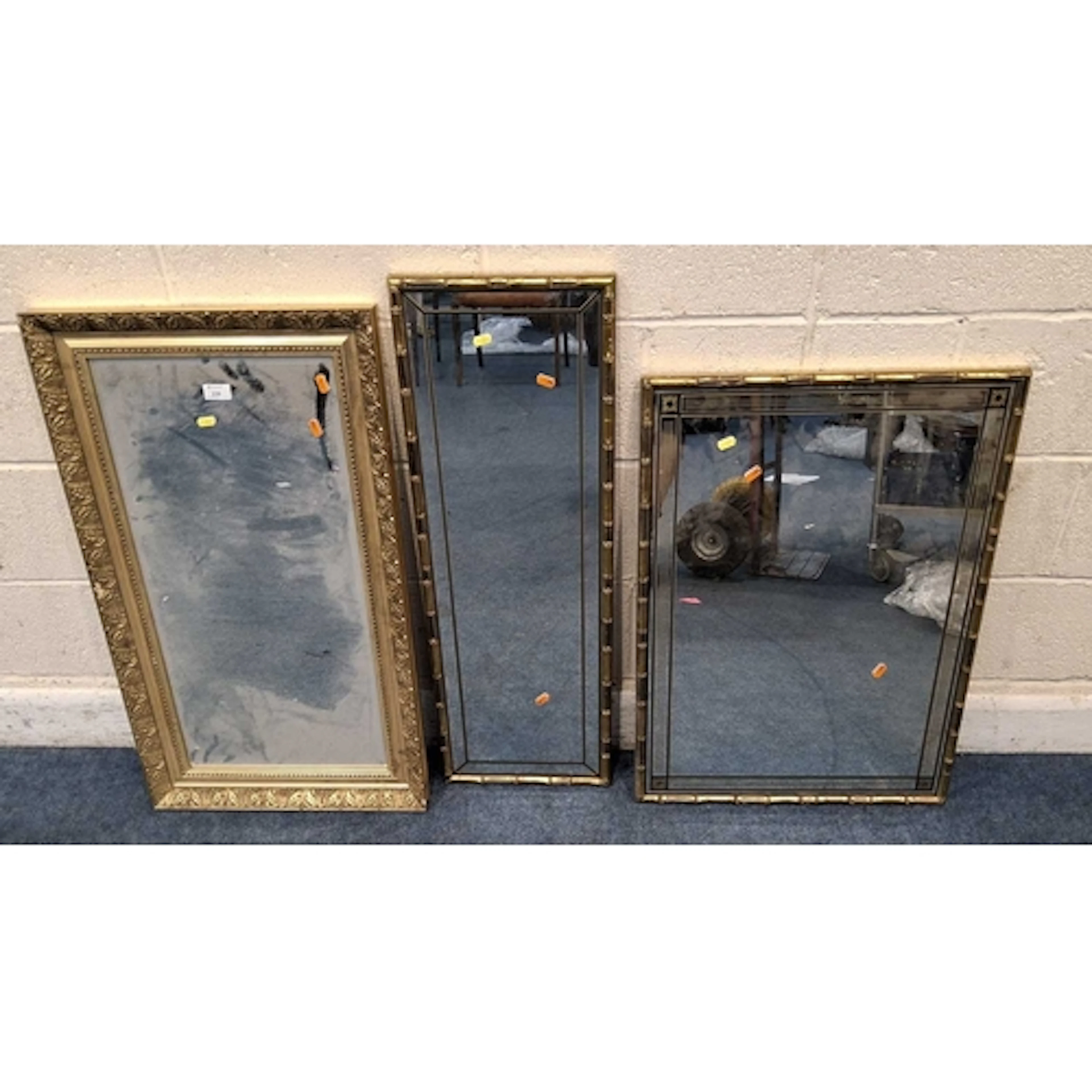 THREE GILT FRAME RECTANGULAR WALL MIRRORS (largest mirror 8...