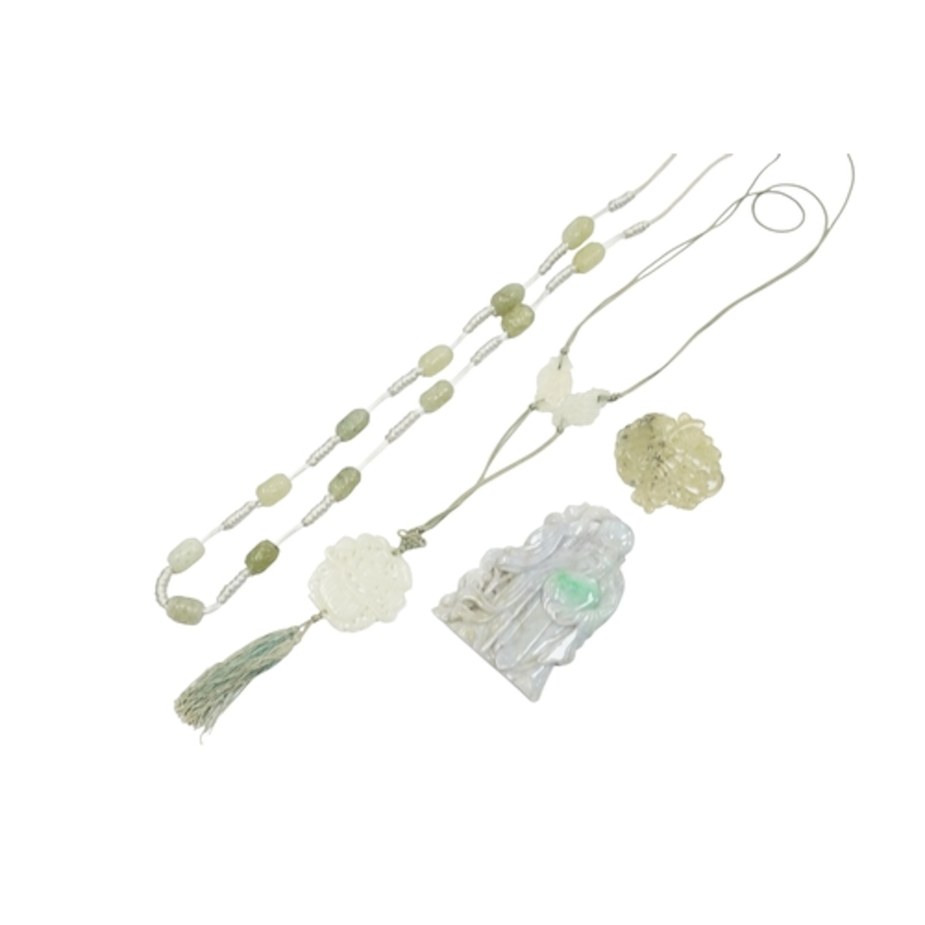 A Chinese jadeite Shou Lao plaque, bowenite jade beads and p...