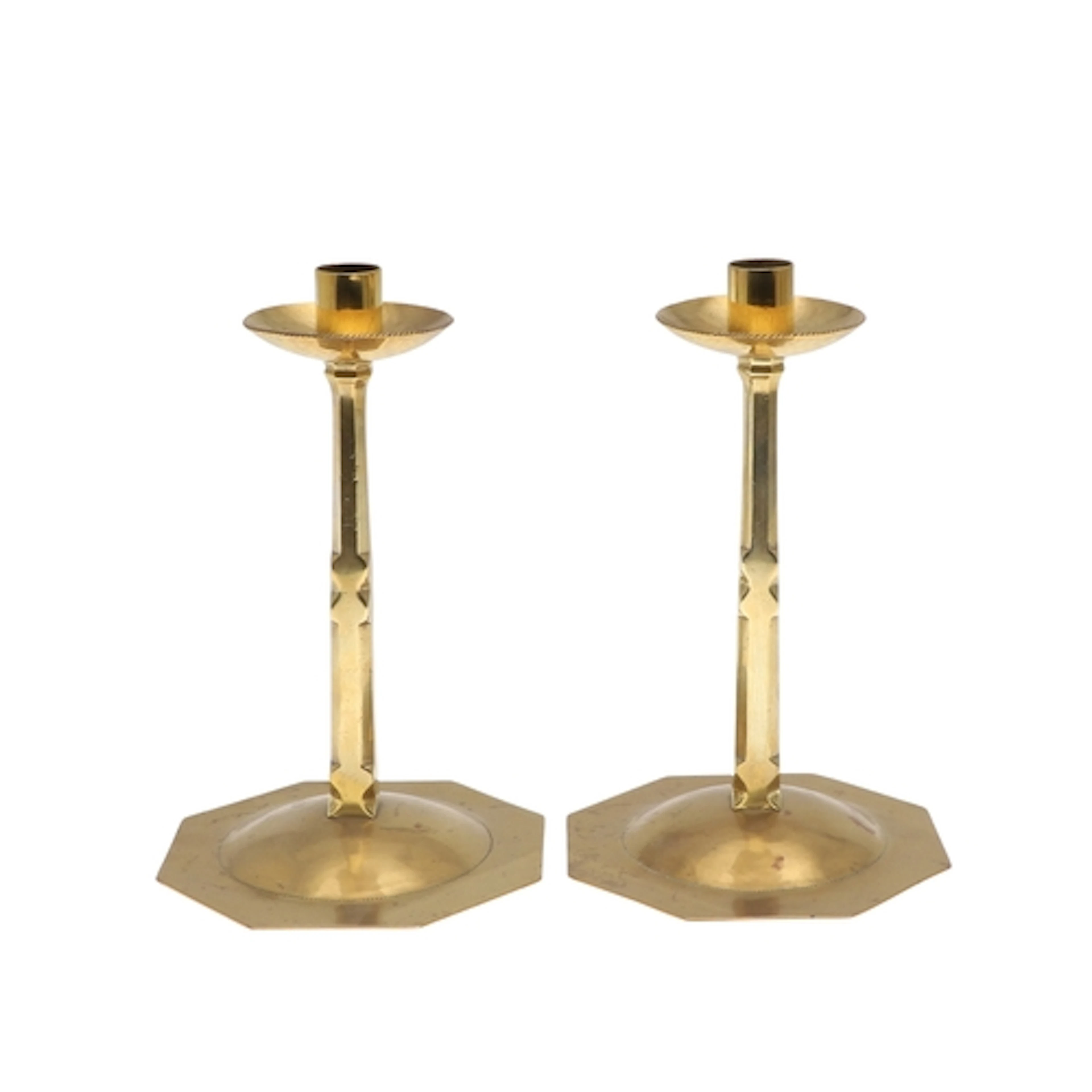 RUSSELL & SON - PAIR OF 'LYGON' ARTS & CRAFTS BRASS CANDLEST...