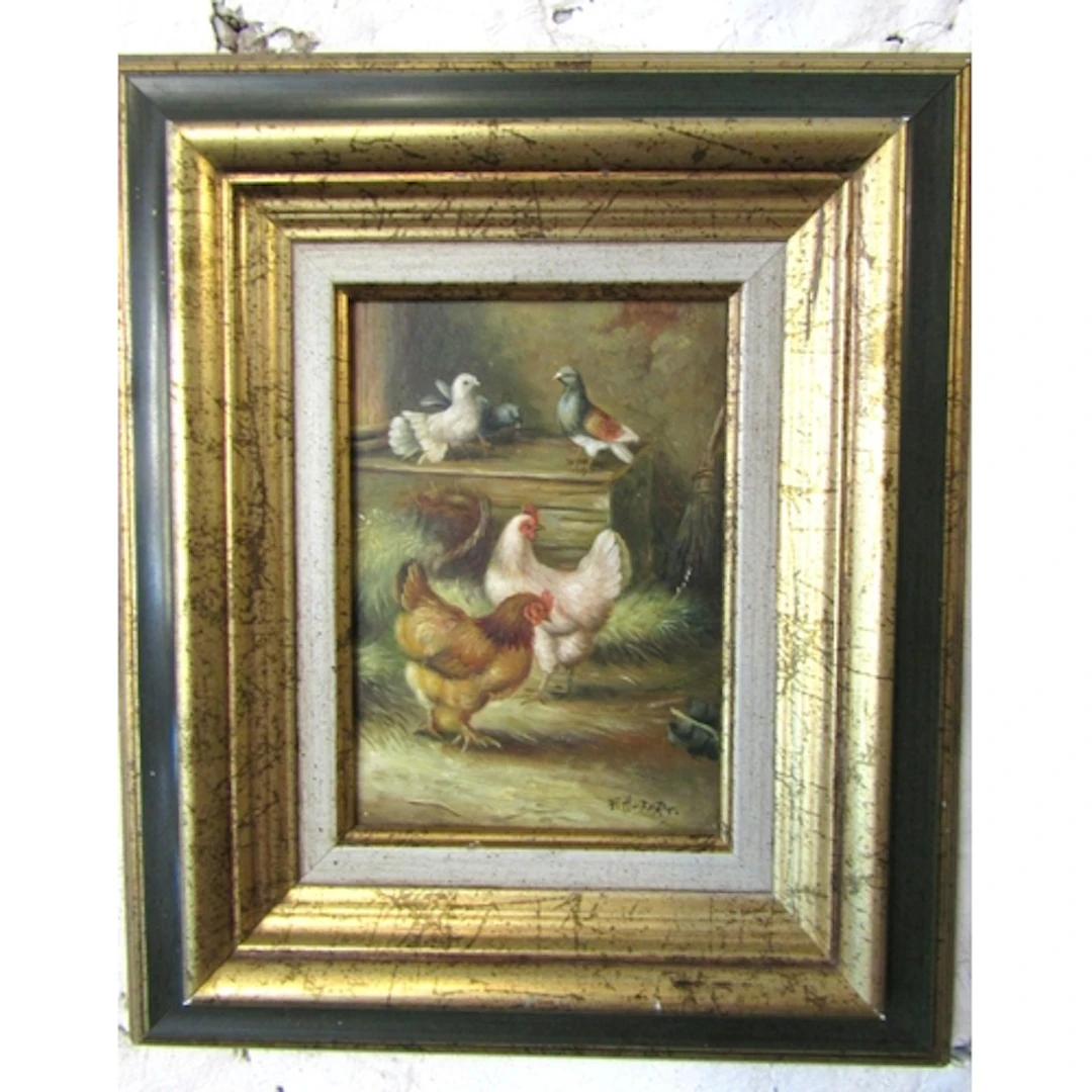 Frances Hubert Continental School Chickens Oil on Panel Cont...