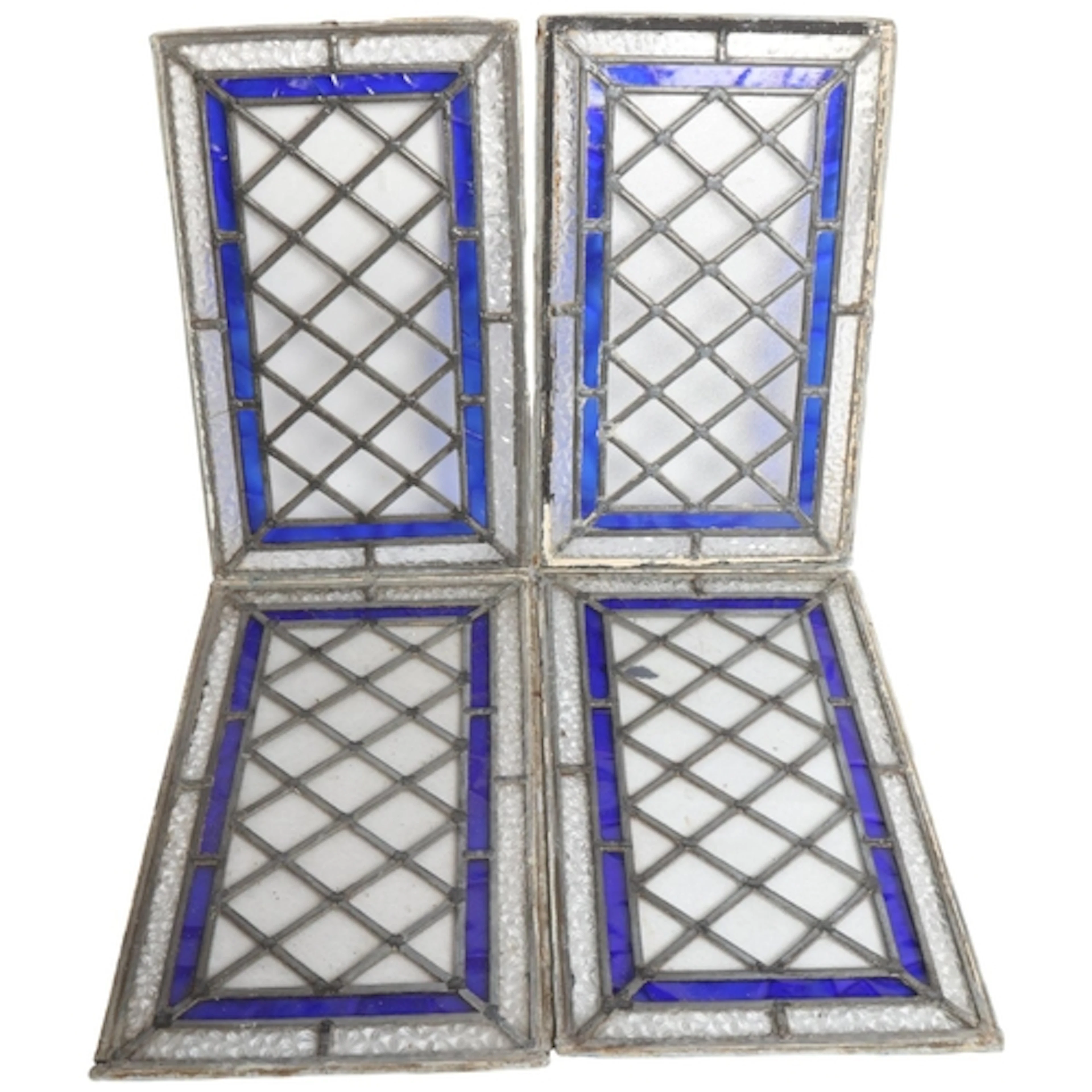A set of 4 diamond pattern leadlight glazed panels, with blu...