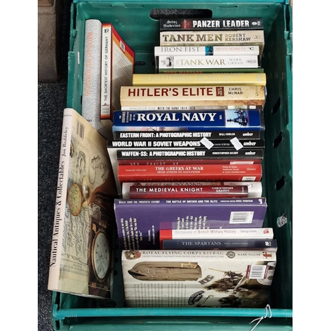 Box of military history books in paperback and hardback, inc...