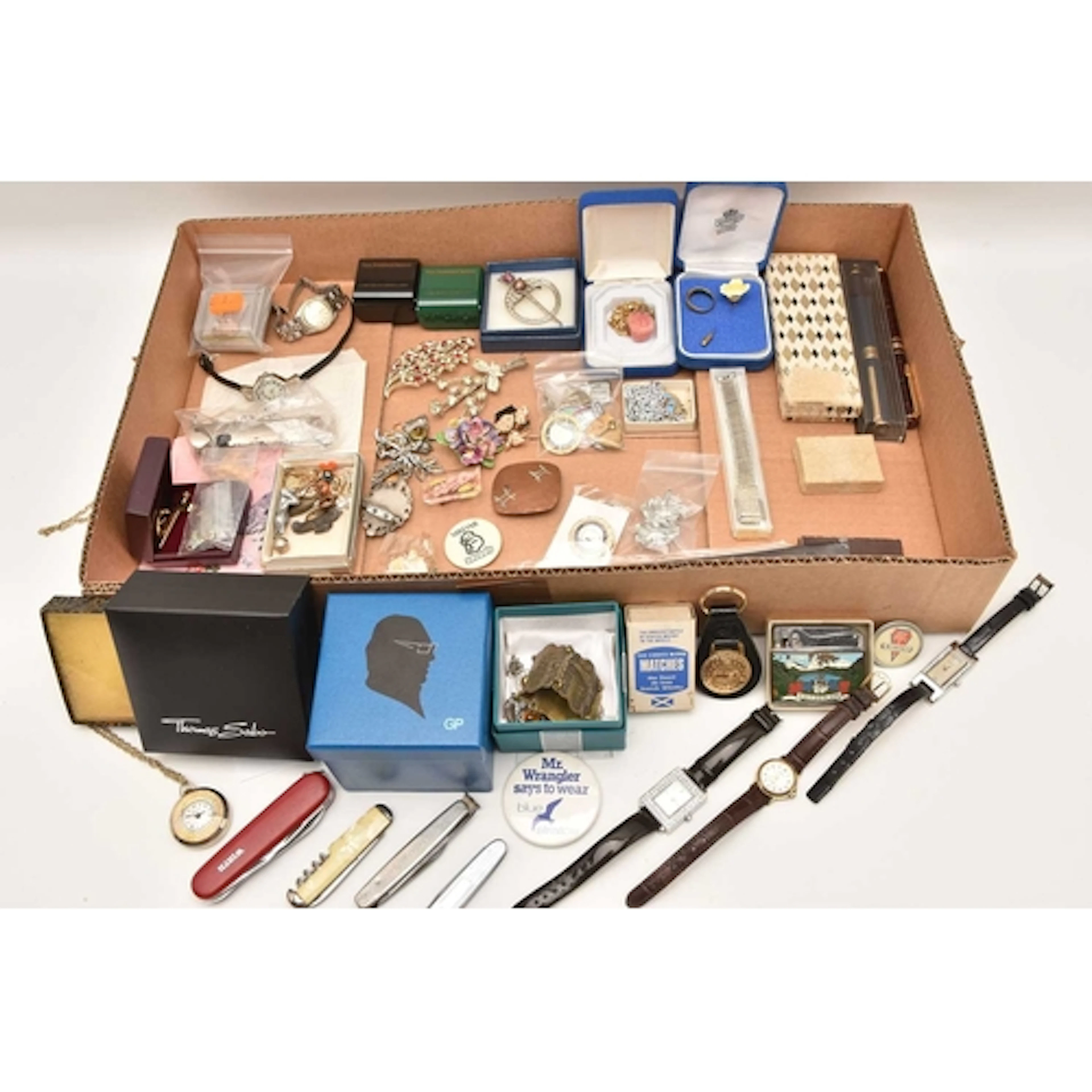 A BOX OF ASSORTED ITEMS, to include two silver and one silve...
