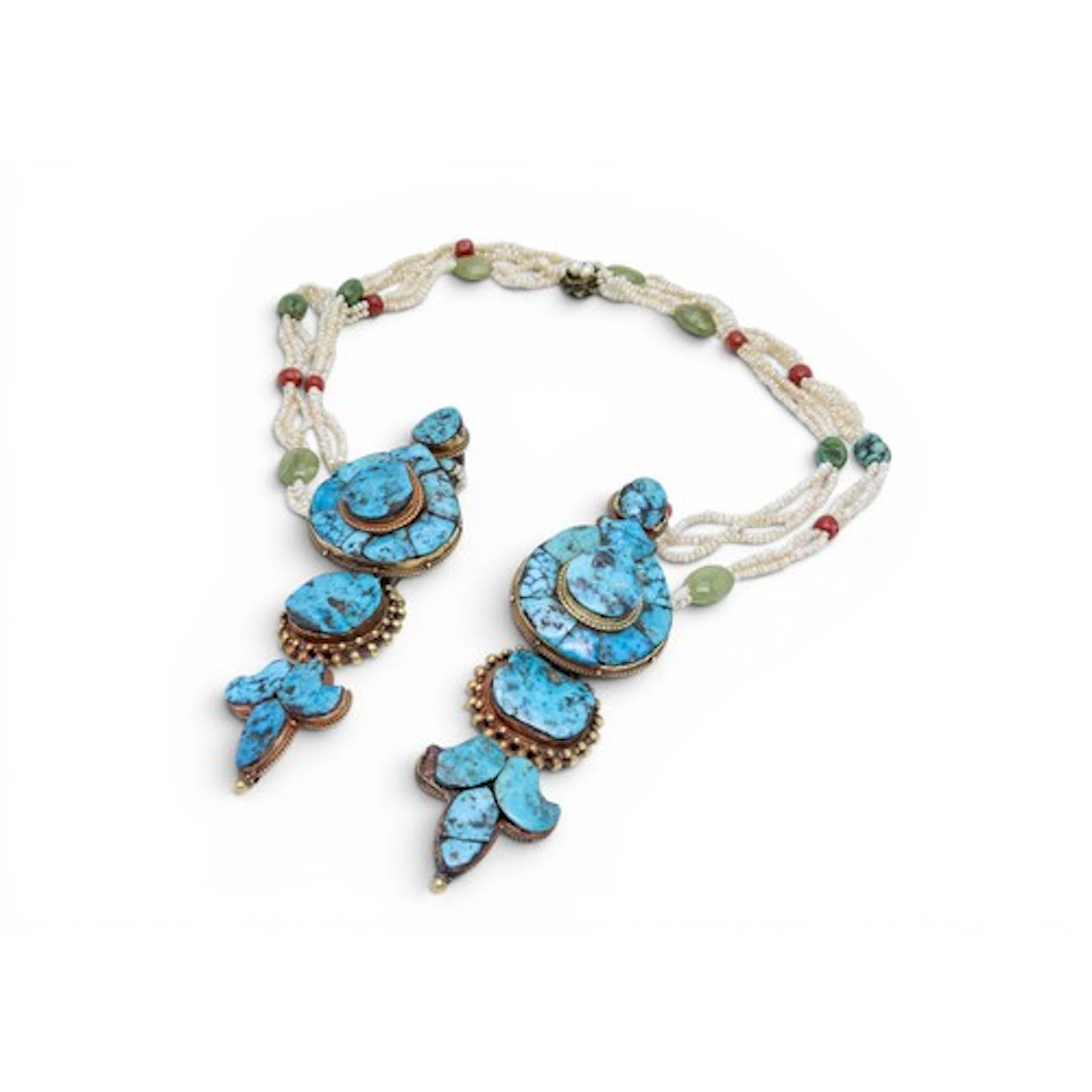 A RARE PAIR OF GOLD AND TURQUOISE-INLAID EAR ORNAMENTS, AKOR...