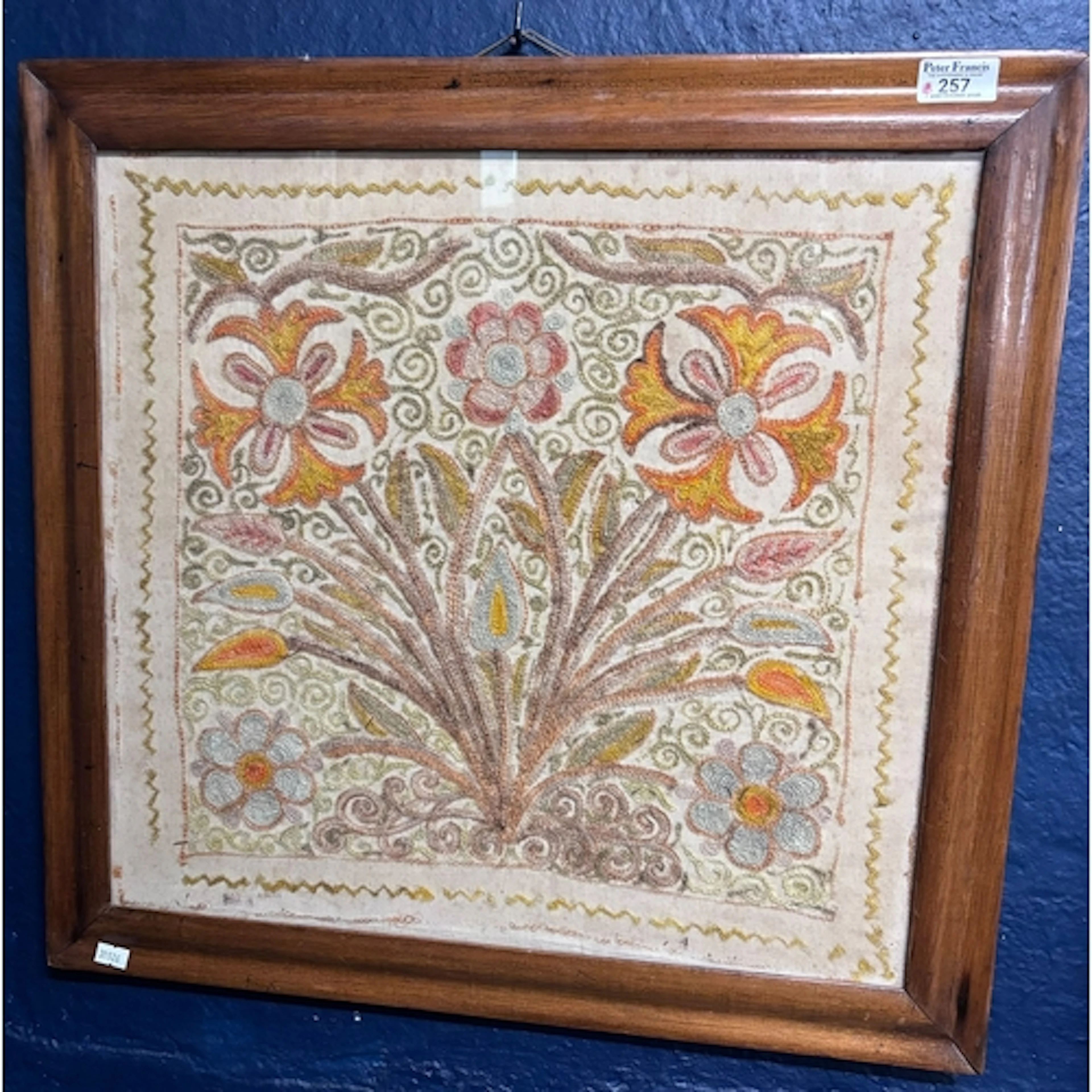 19th century needlework foliate panel, 46x48cm approx. Frame...