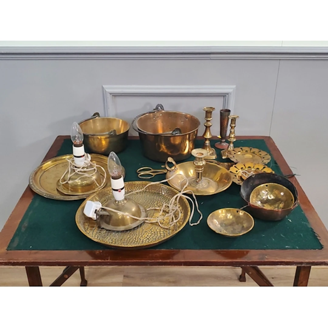 A box containing a quantity of brassware, candlesticks, char...