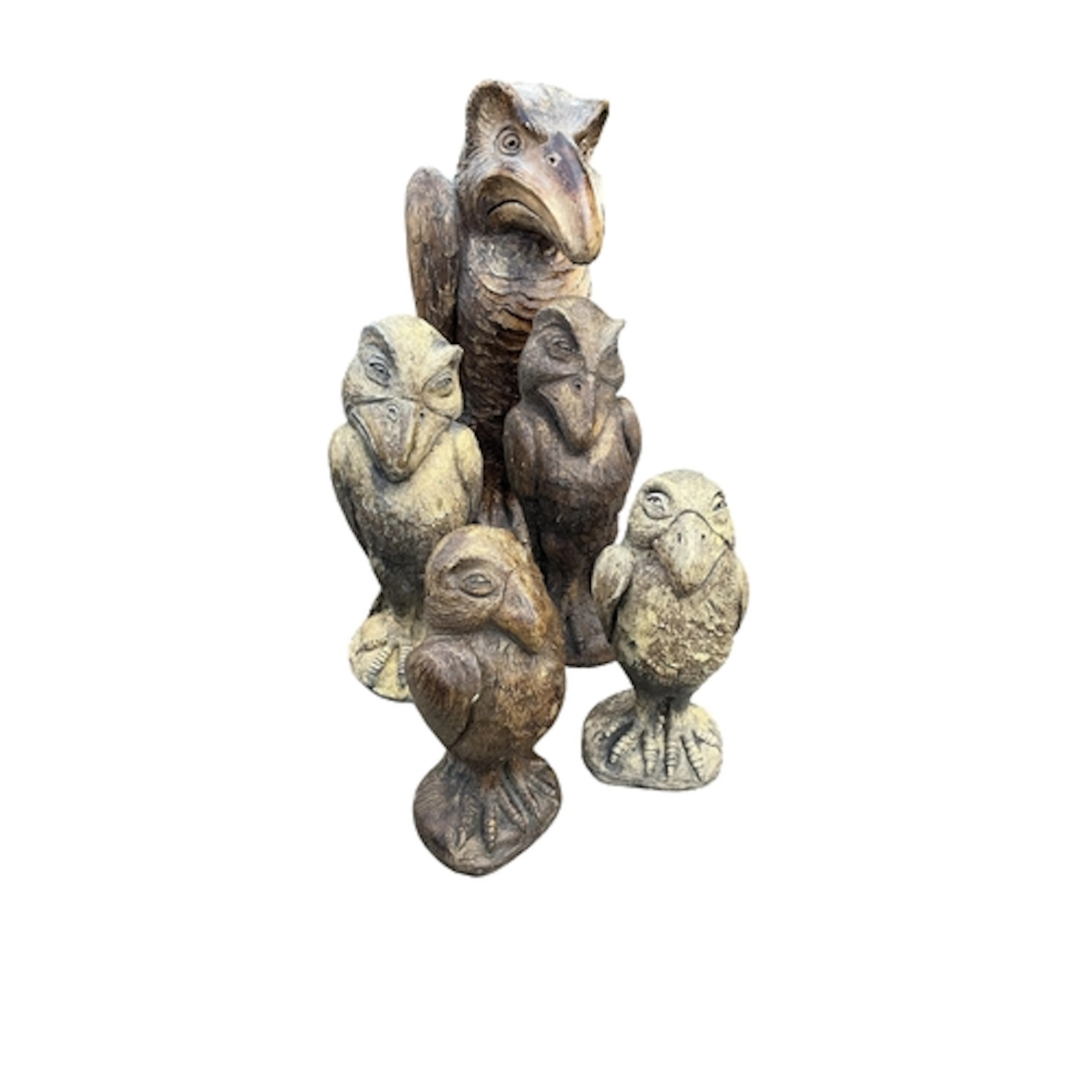 Five cast stone 'Wally' bird ornaments in the style of Marti...
