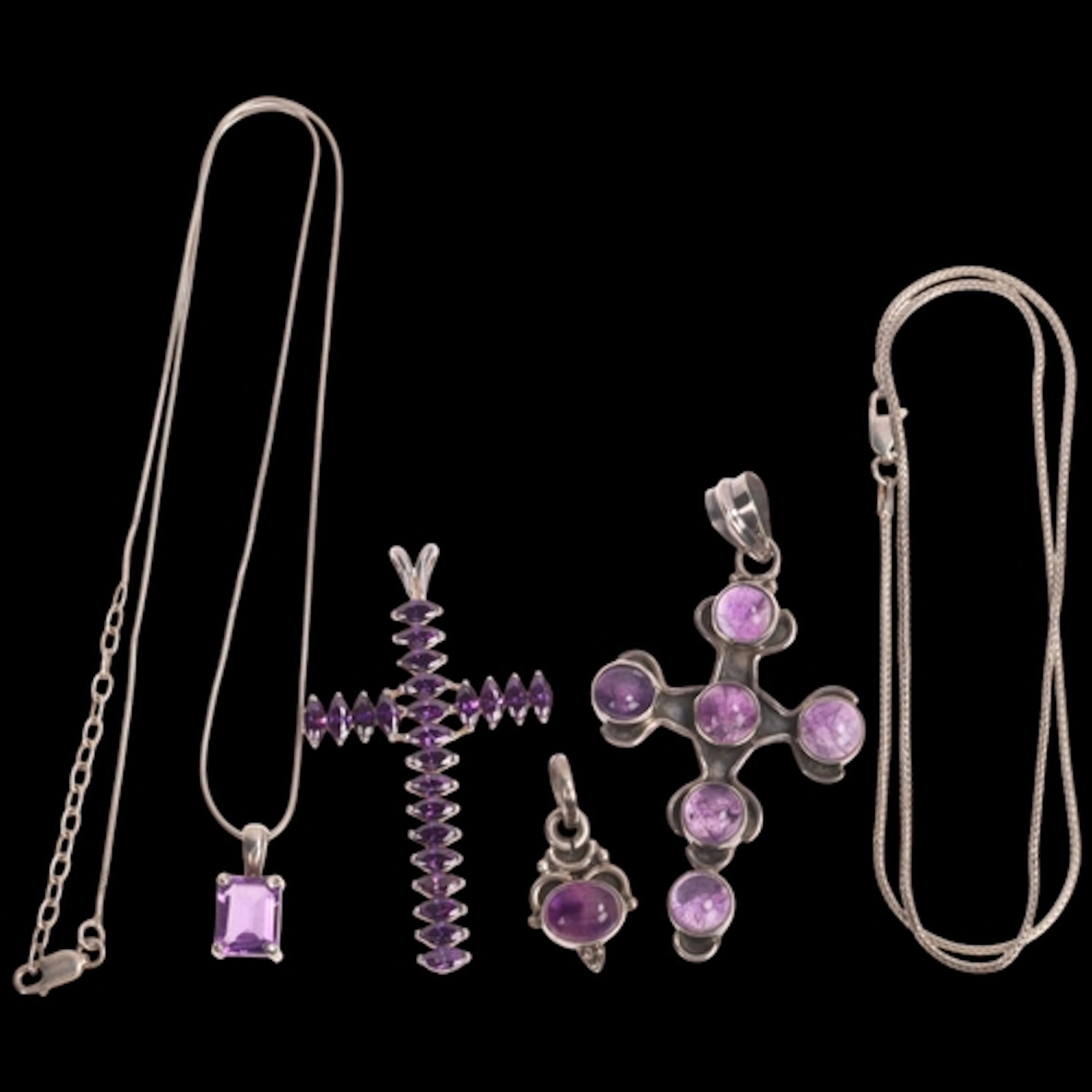 4 silver amethyst necklaces, including round cabochon cross,...