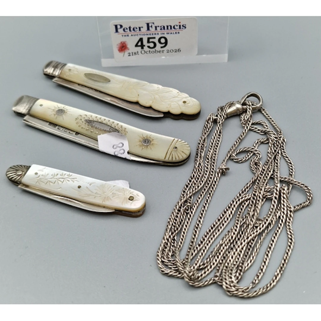 Three silver bladed and mother of pearl fruit knifes, togeth...