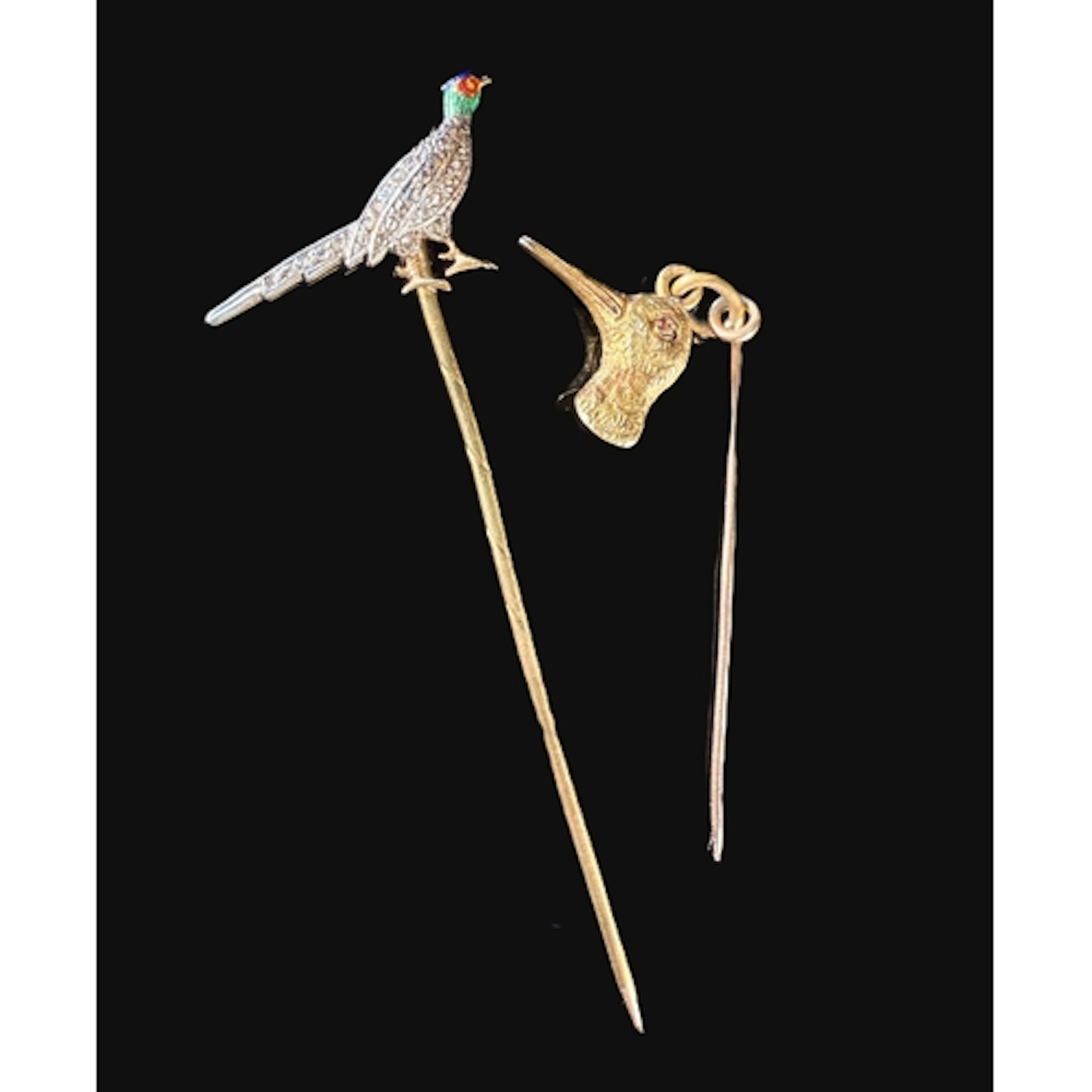 Two yellow metal bird stick pins one enamel pheasant, one bi...