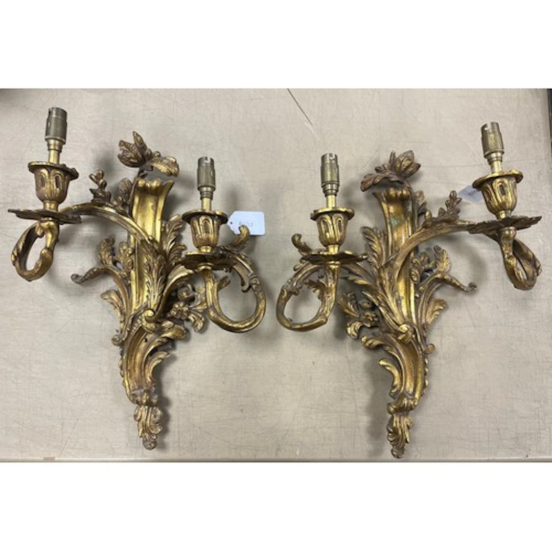 Pair of gilt metal twin branch candle sconces, converted to ...