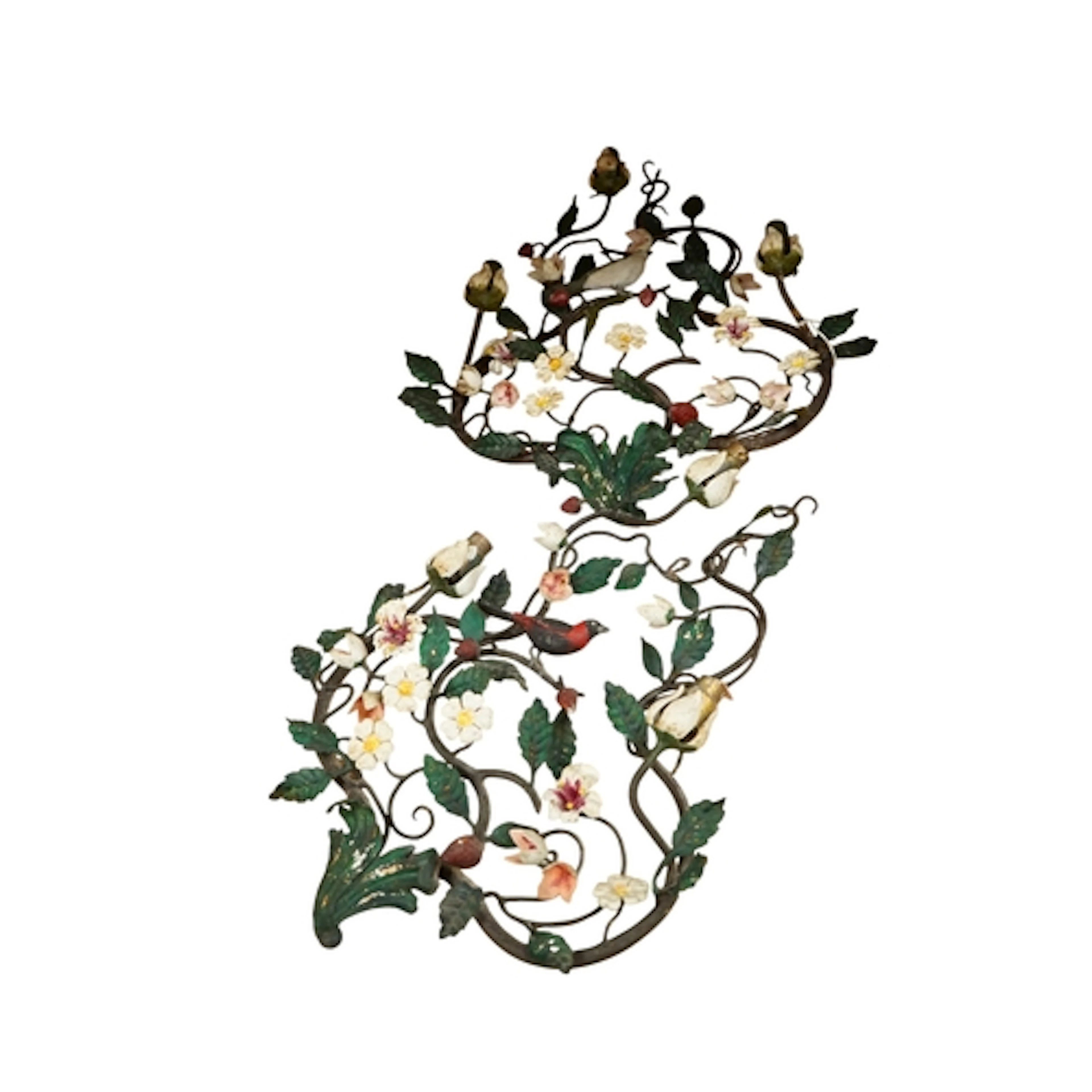 A pair of painted wrought iron floral three branch wall ligh...