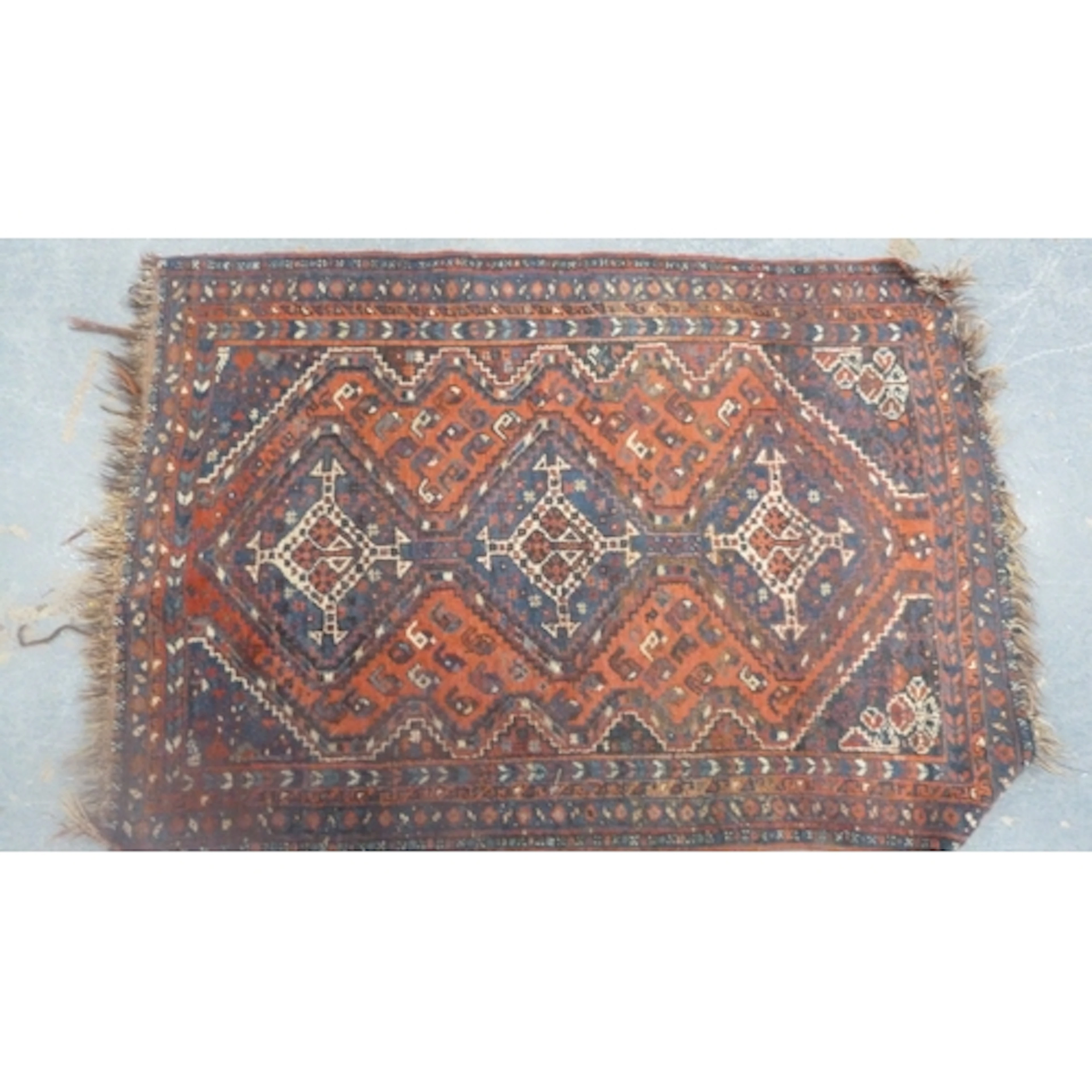 Kurdish Old Shiraz rug, with three central entwined geometri...