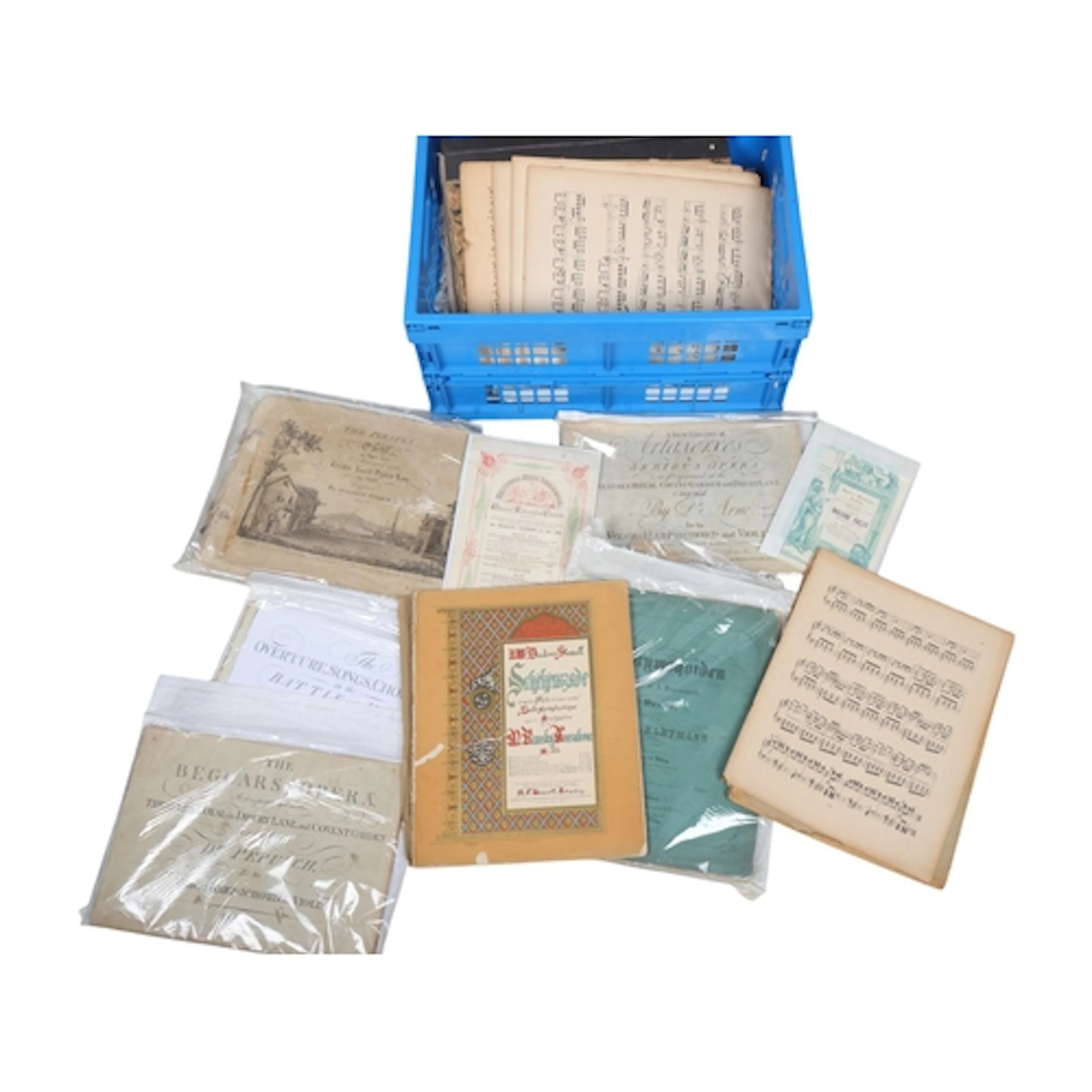 A crate of music-related items, sheet music, a good deal of ...