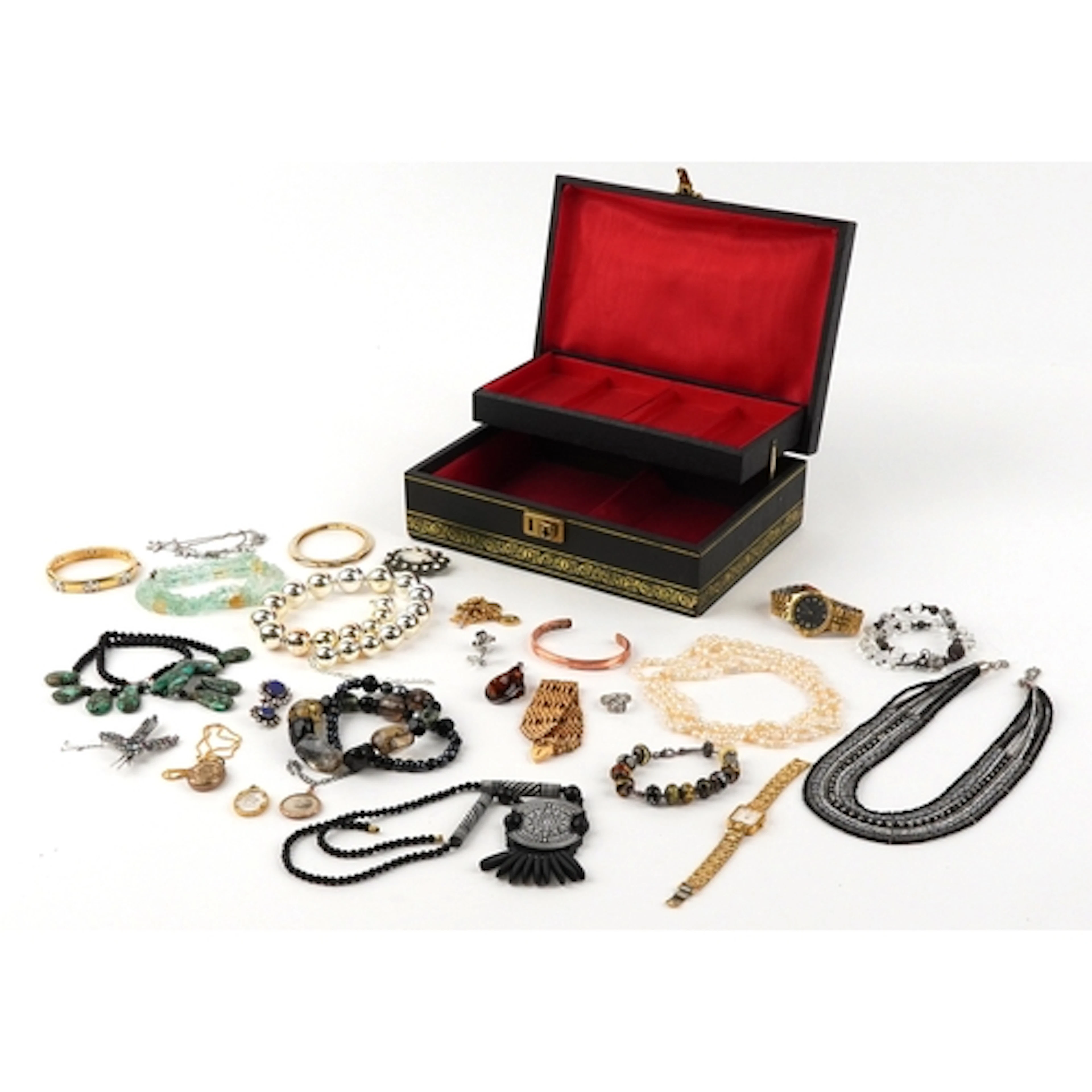 Antique and later jewellery including gold plated seven row ...