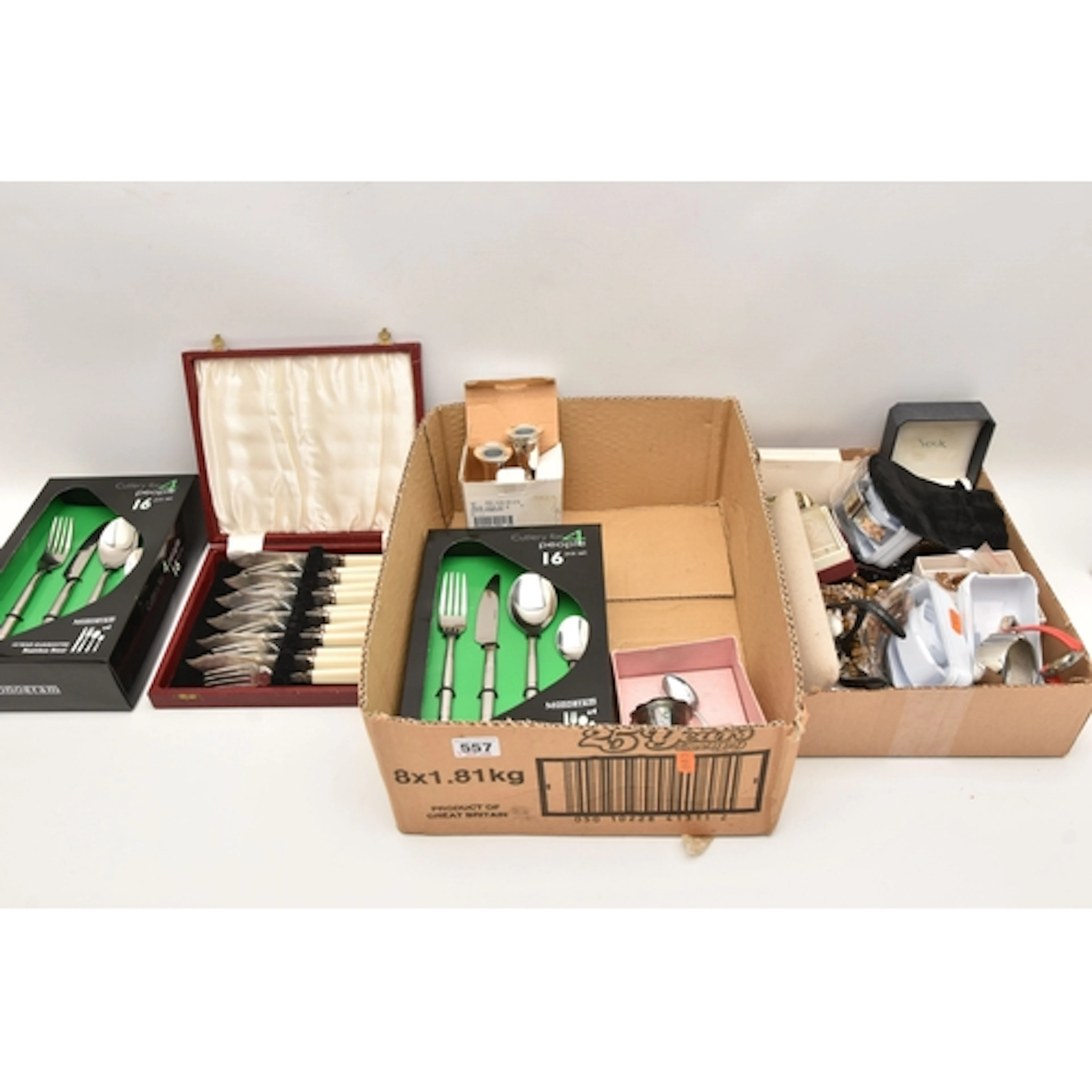 A BOX OF ASSORTED COSTUME JEWELLERY, WATCHES AND CUTLERY PIE...