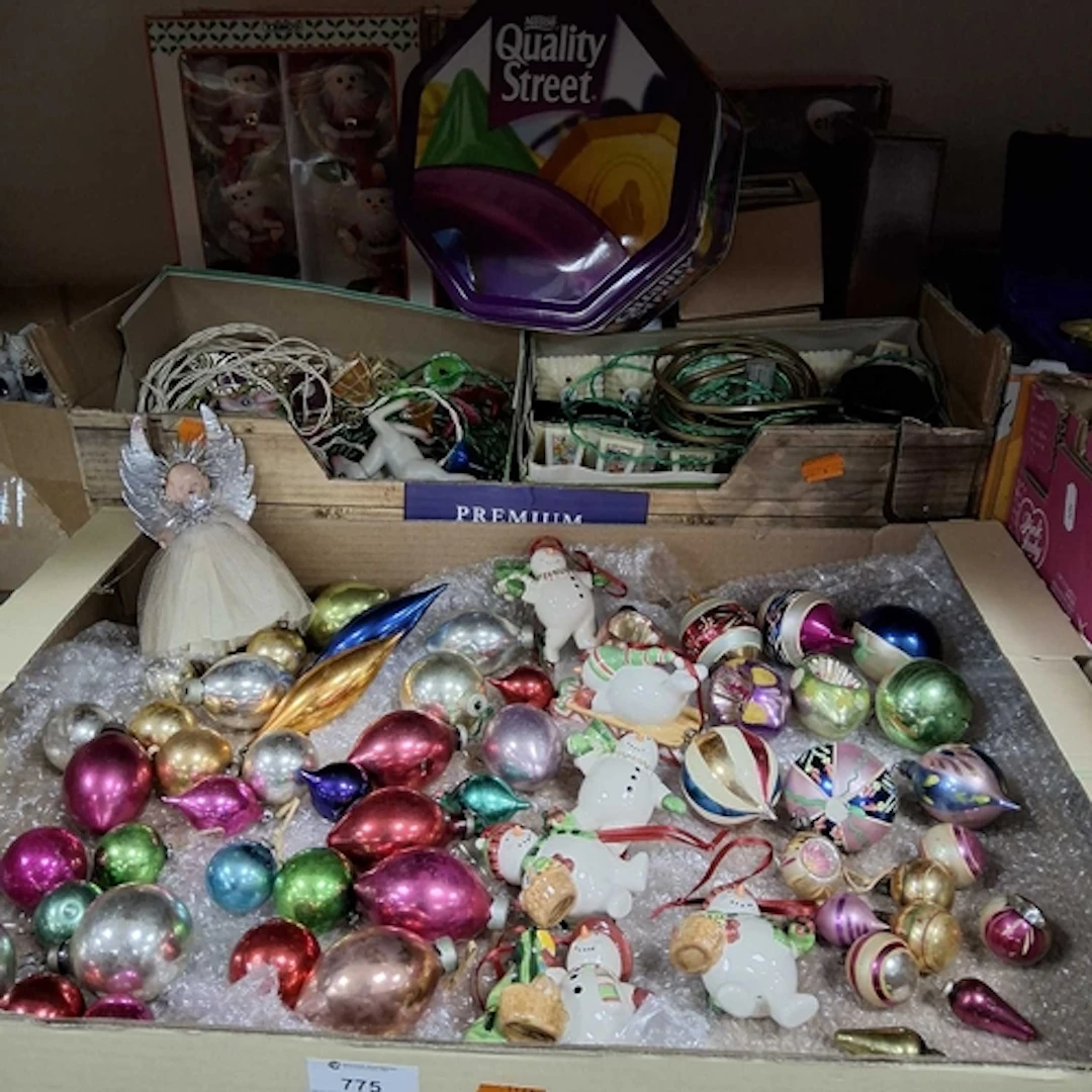 TWO BOXES OF VINTAGE CHRISTMAS DECORATIONS AND LIGHTS, to in...
