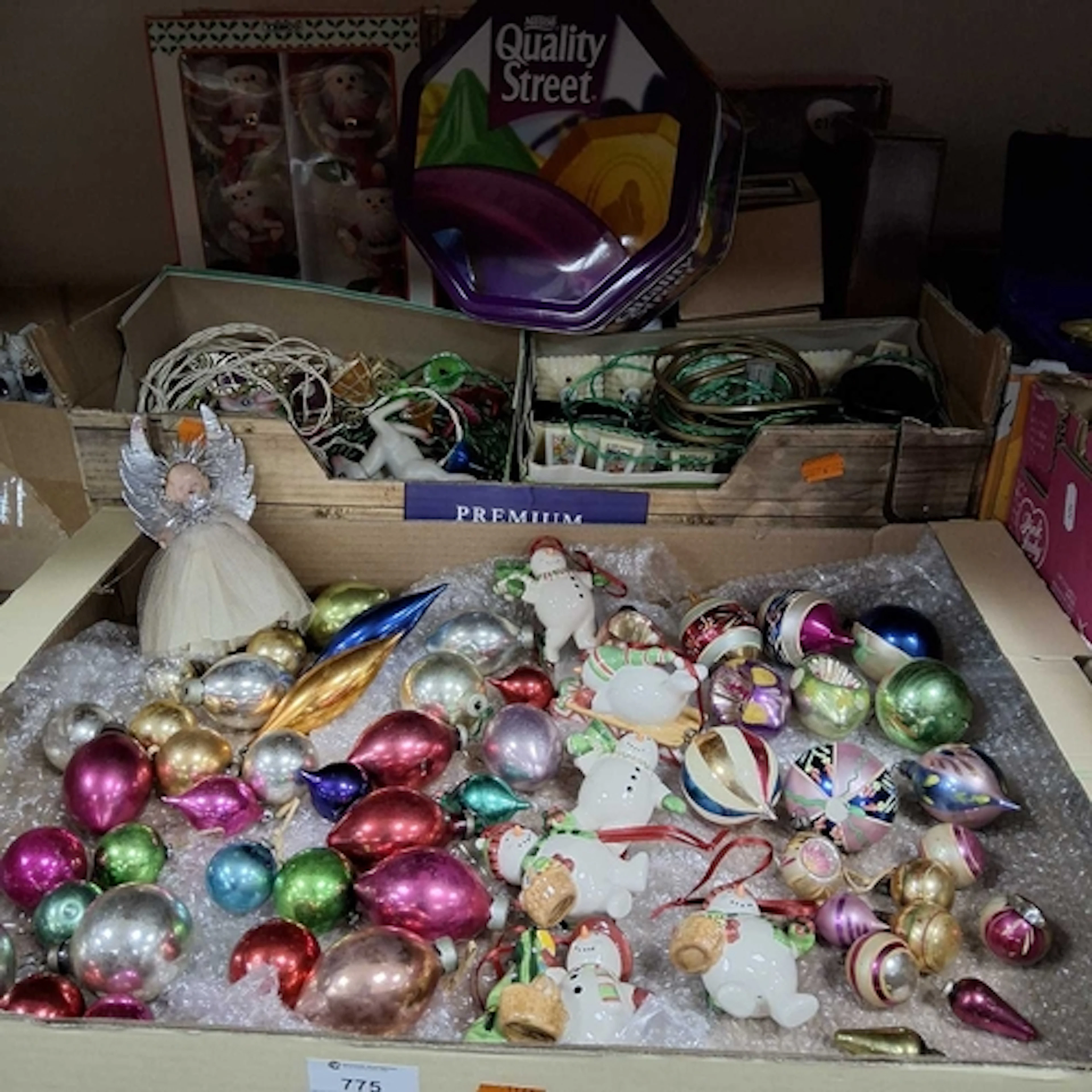 TWO BOXES OF VINTAGE CHRISTMAS DECORATIONS AND LIGHTS, to in...