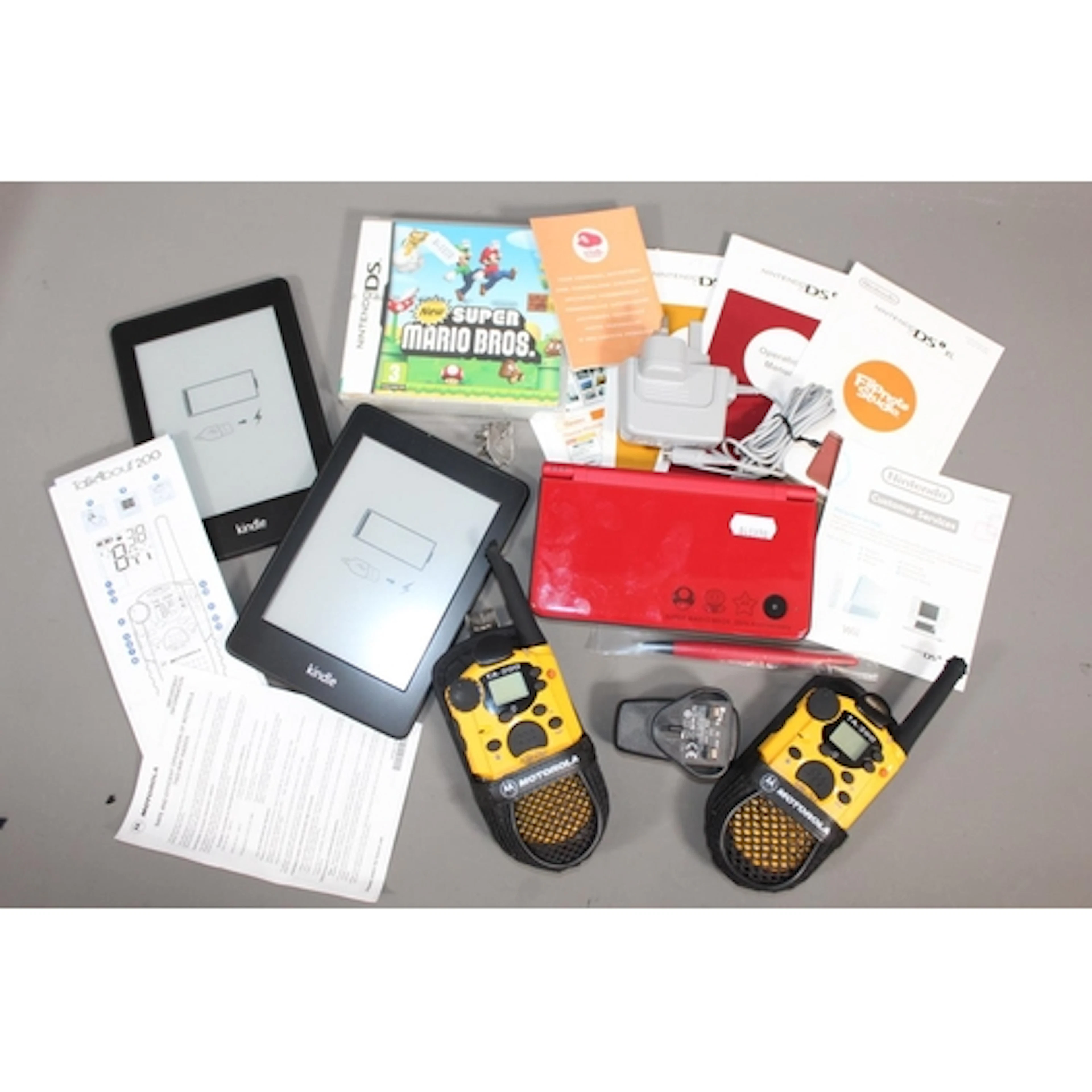 Nintendo DS XL, Super Mario Bros sealed boxed game, Motorola...