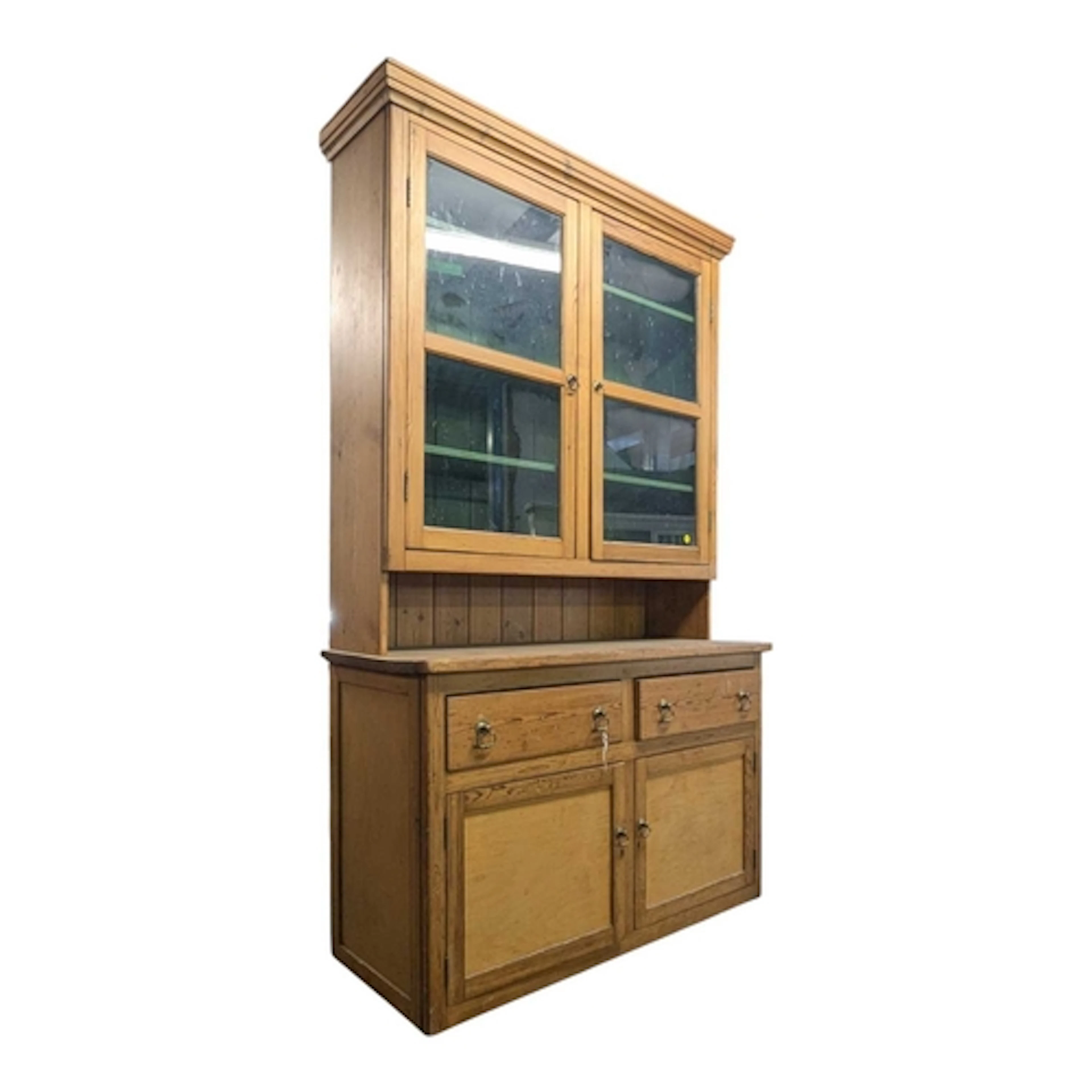 A large vintage 20th century pine bookcase cabinet. Cornice ...