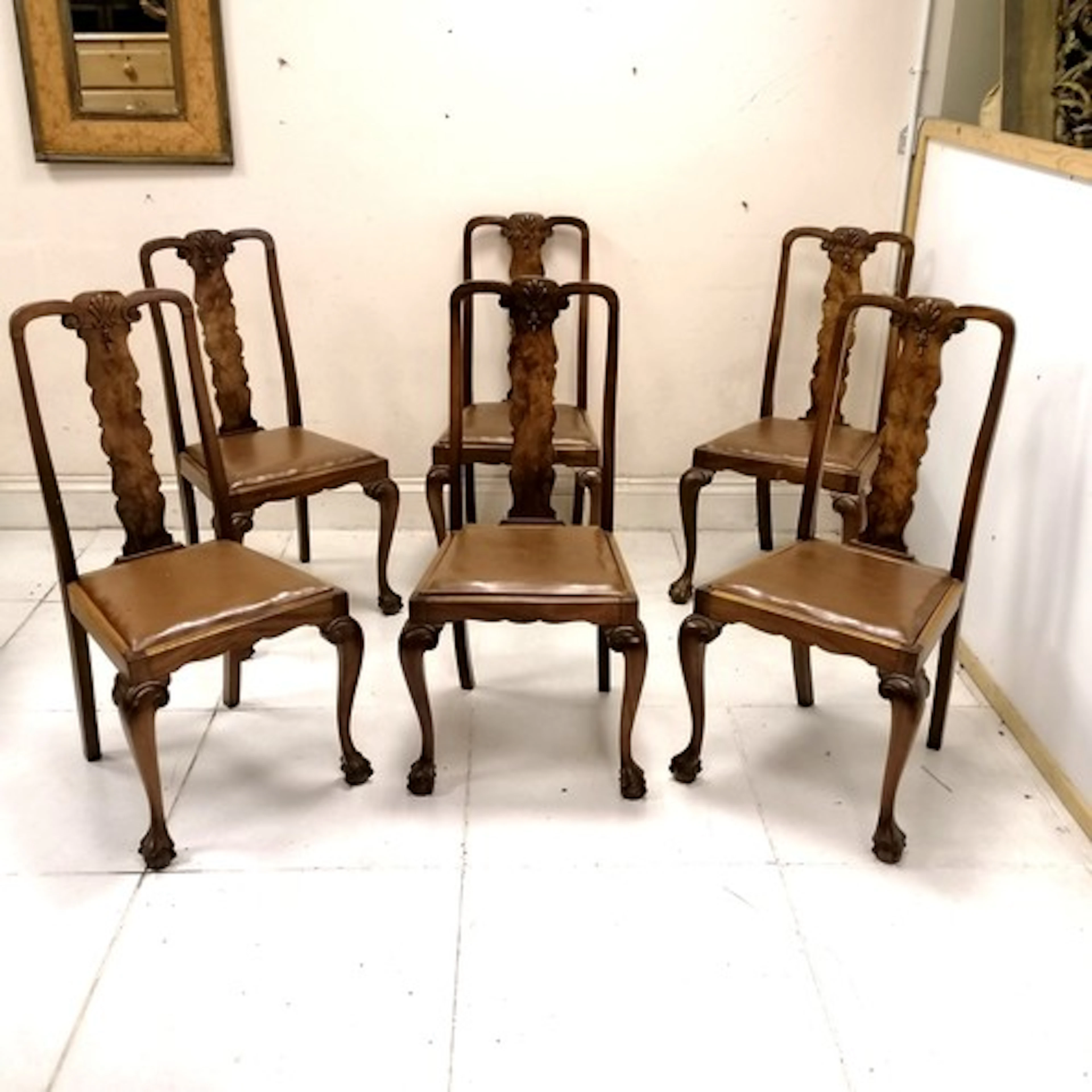 Set of 6 antique walnut high back dining chairs with leather...
